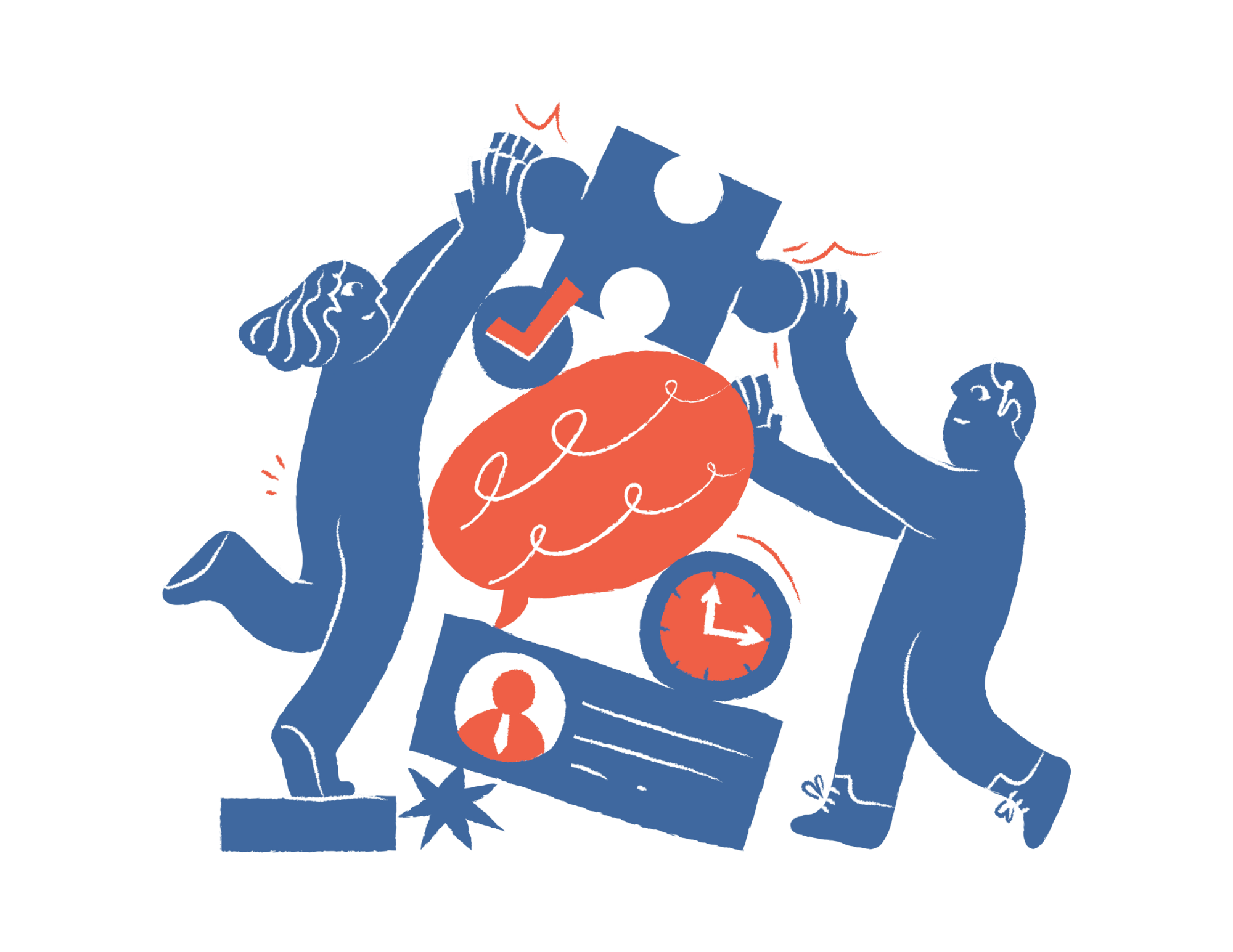 A stylized illustration of a person holding a large puzzle piece and a check mark with various clocks and gears.