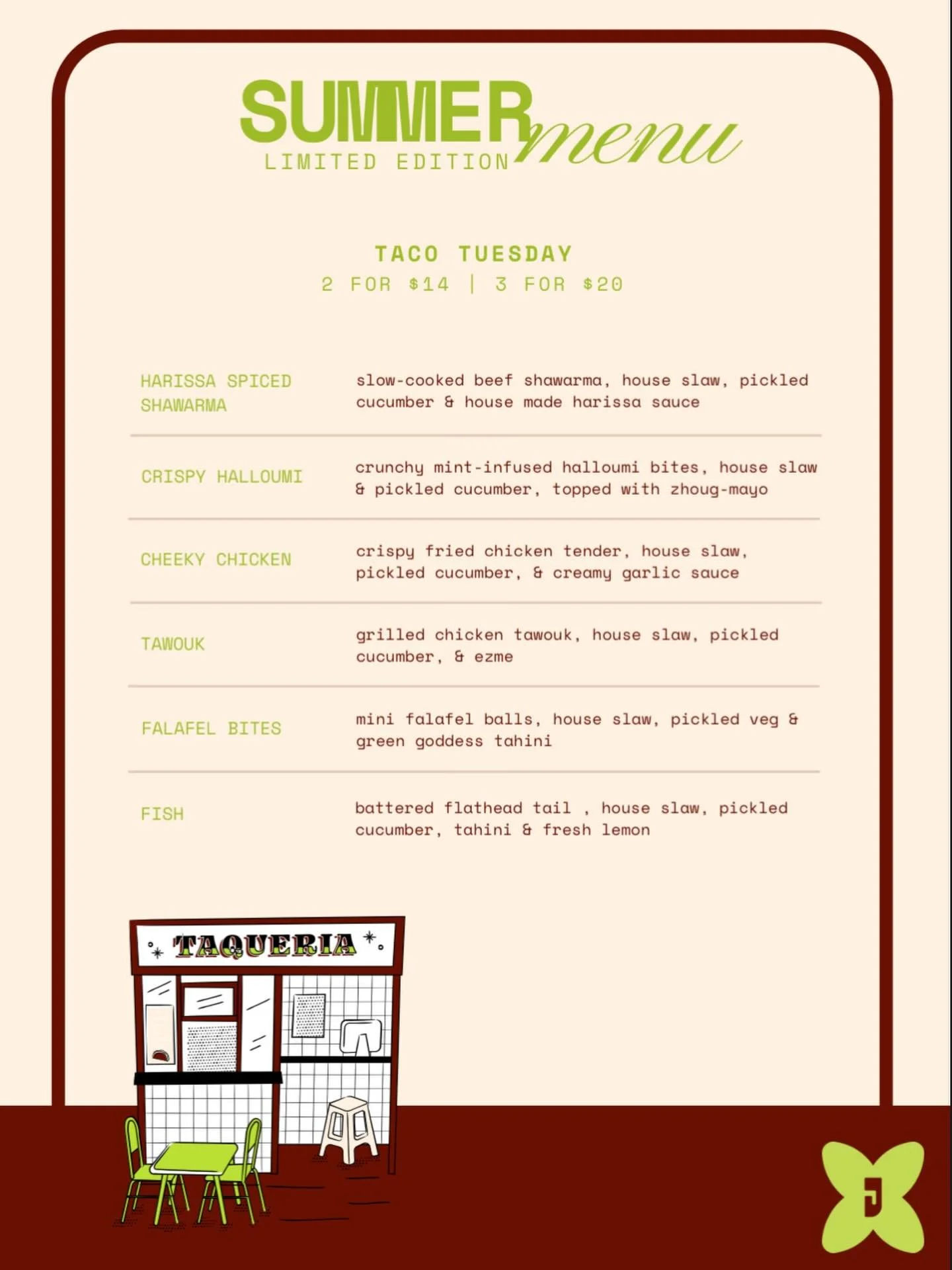 Experience all your favourite flavours in a soft taco! 🌮Our summer limited edition menu is delivering the heat Jericho style. Visit us every Tuesday and treat yourself! 🌞