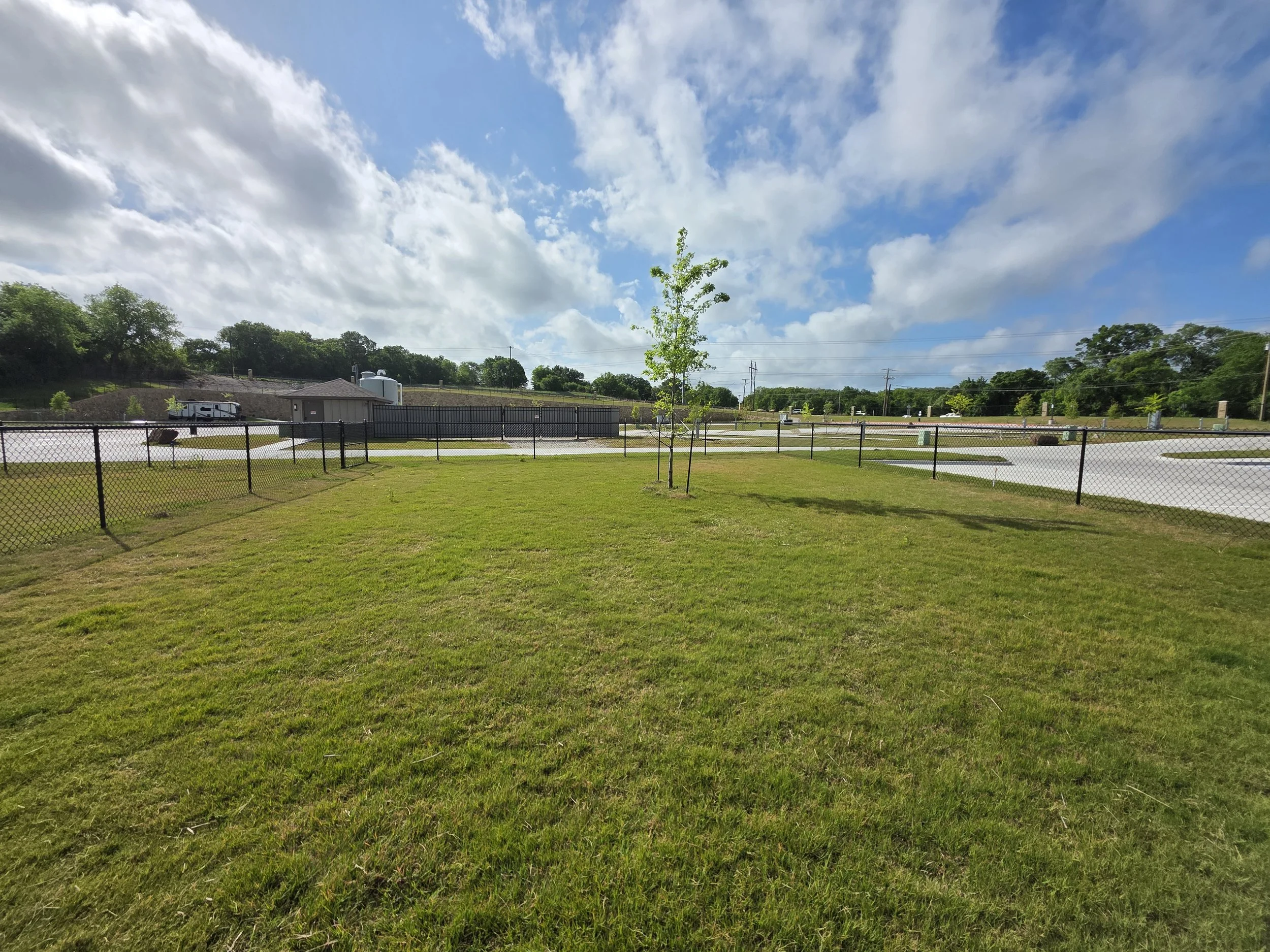 Large dog park area with green grass and tree, fenced in.