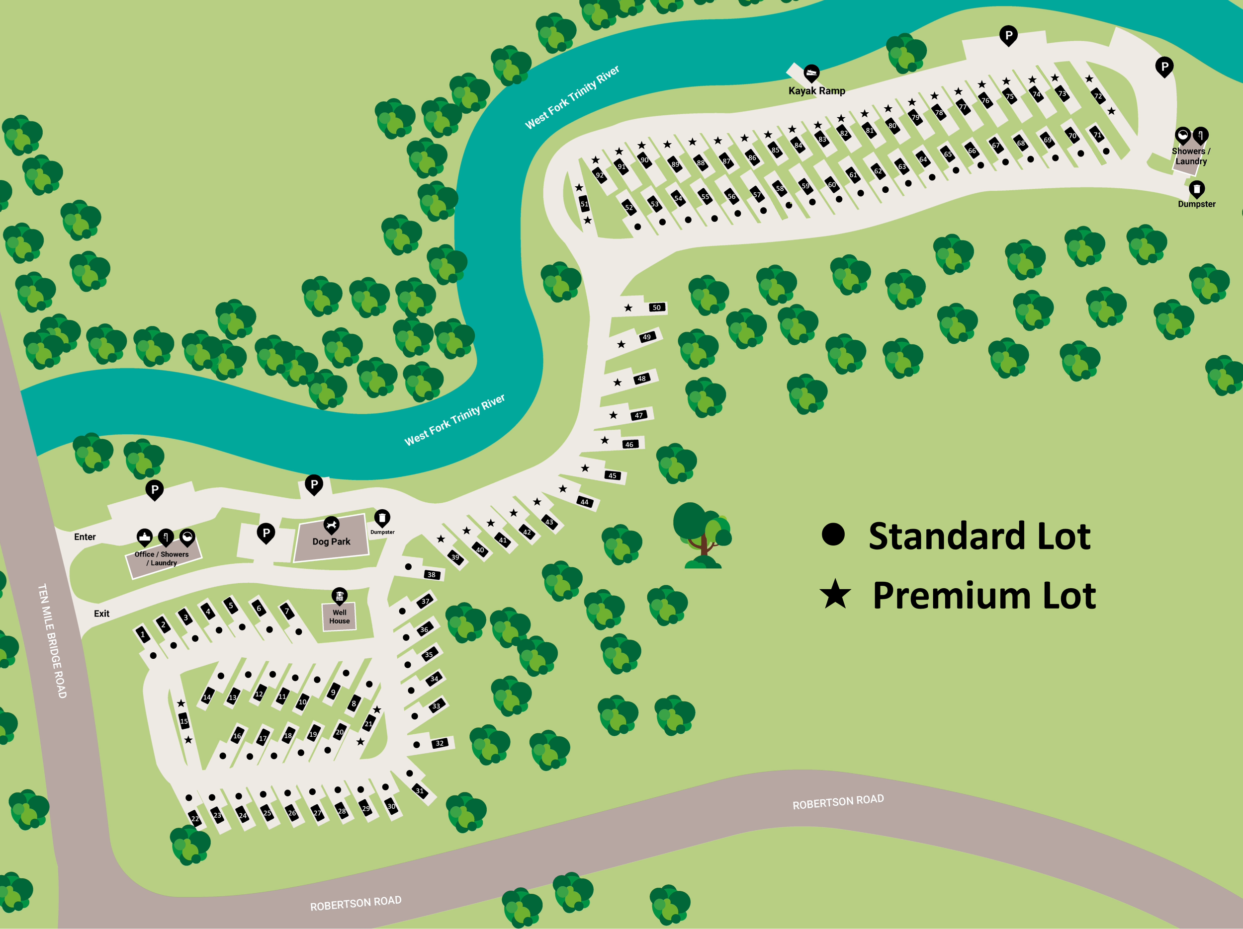 interactable digital map of Vance's Camp RV Resort with premium and standard lots notated