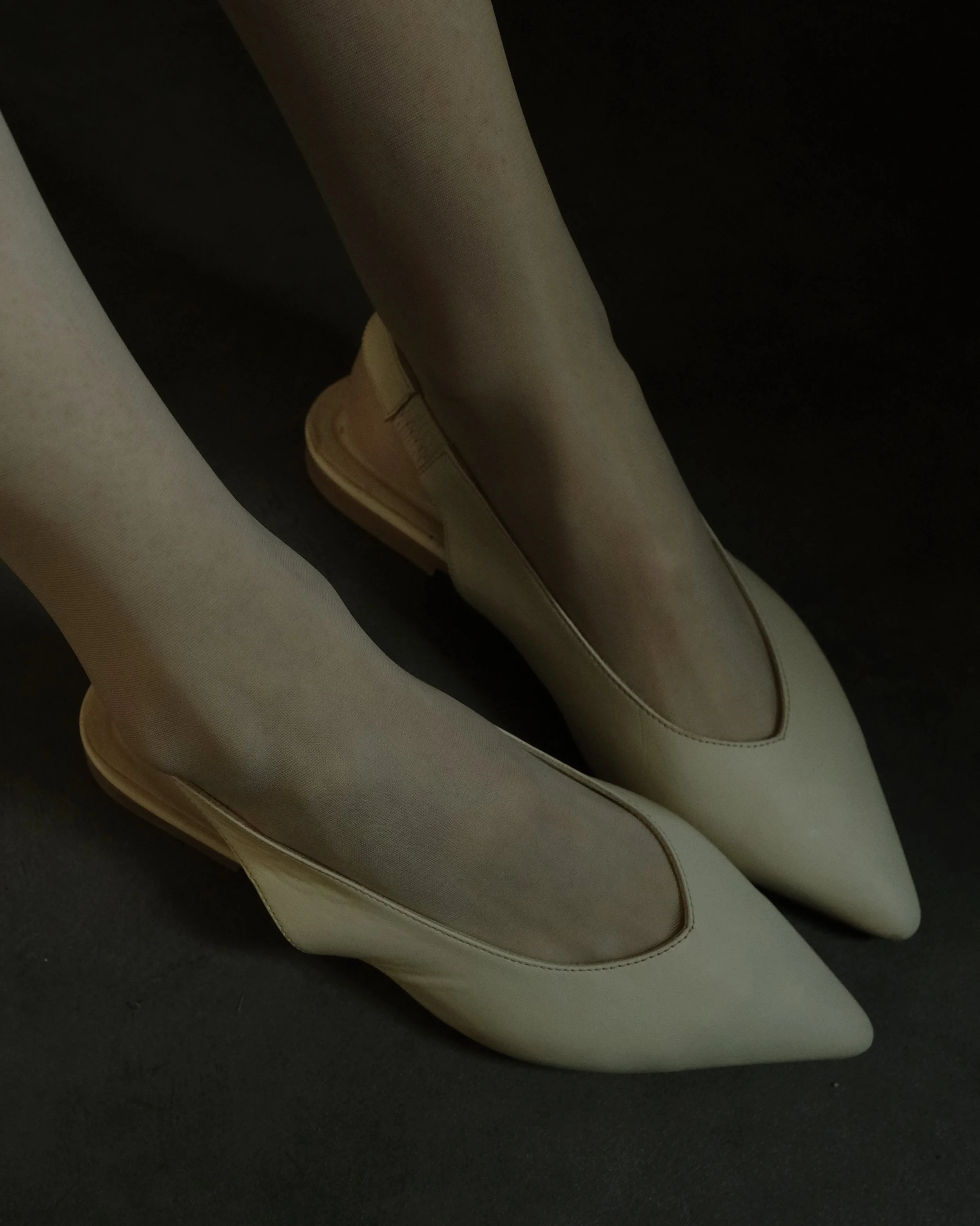 Scarpe da donna a punta con calze trasparenti su sfondo nero.