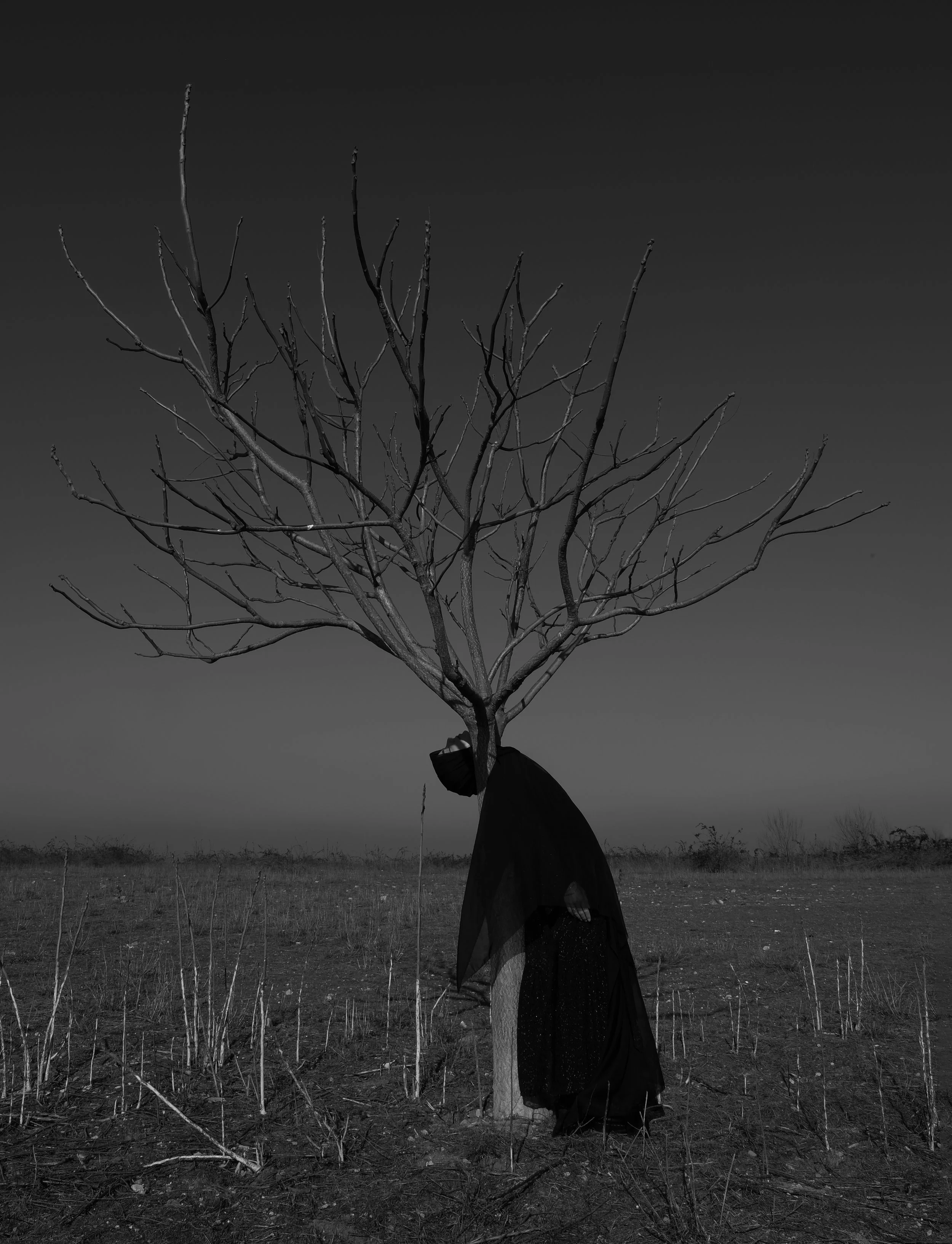Persona in abito nero appoggiata a un albero spoglio in un campo, foto in bianco e nero.