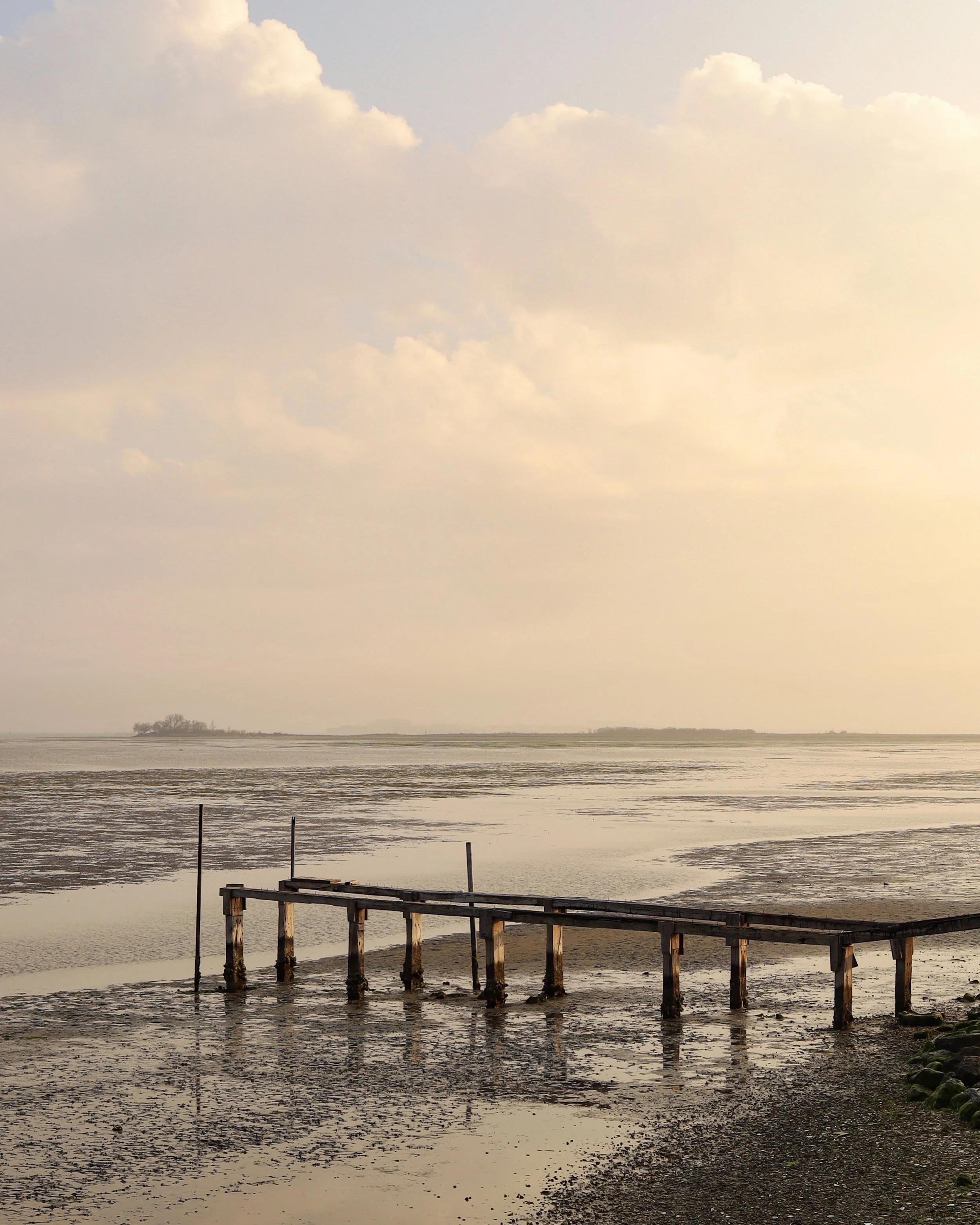 Paesaggio costiero con molo di legno e cielo nuvoloso al tramonto.