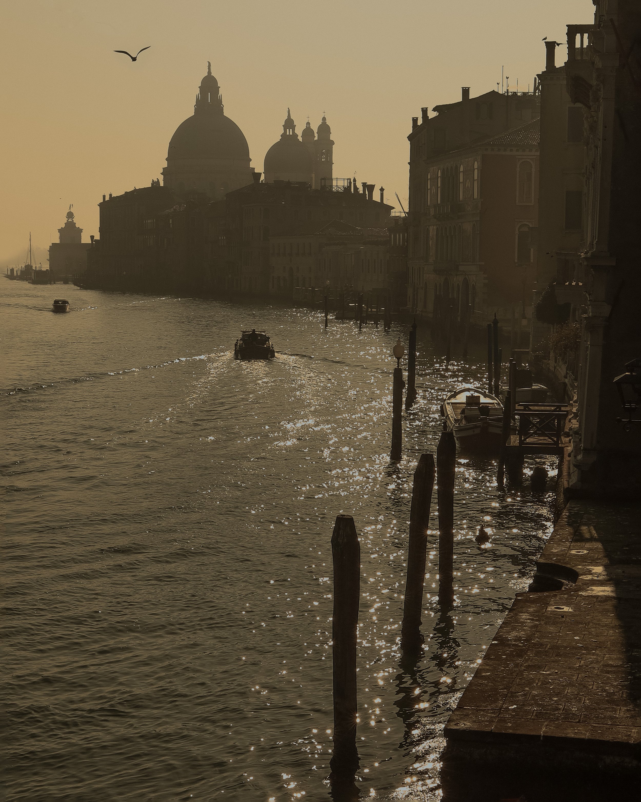 Veduta del canal di Venezia con edifici storici e barche sulla acqua, al tramonto