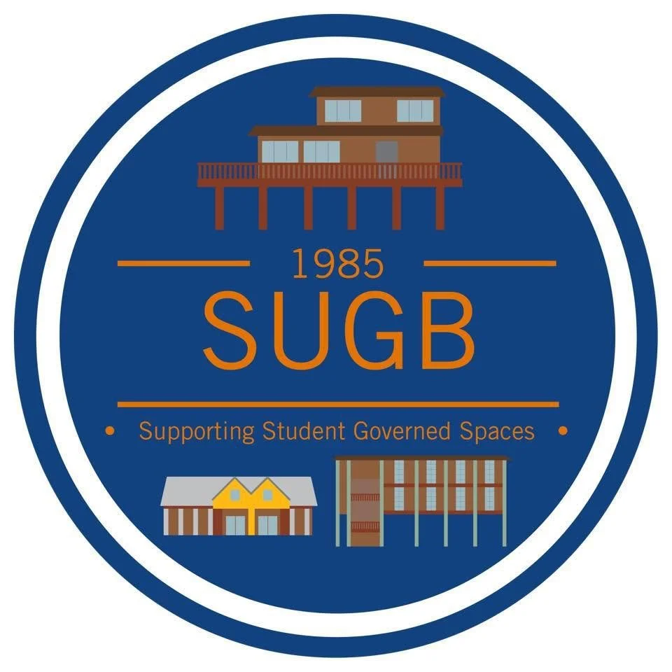 Logo with a circular blue border featuring illustrations of three student spaces: a house on stilts, a yellow house, and a multi-story building. Text reads '1985 SUGB Supporting Student Governed Spaces'.