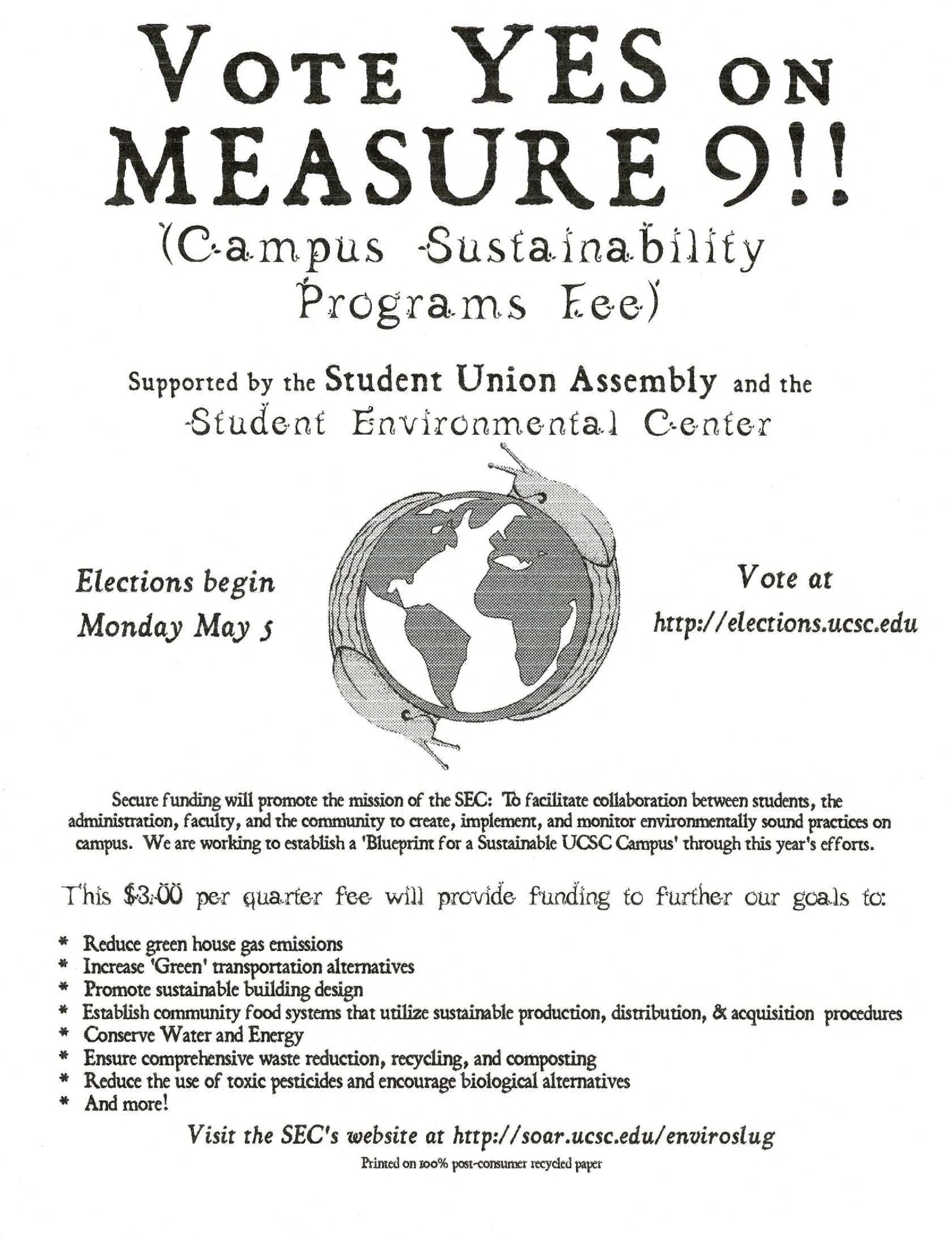 A flyer promoting a campus sustainability program encouraging voting for Measure 9. It includes an image of a globe held by two hands. The flyer details election info, a mission statement, a fee, and environmental goals such as reducing emissions, increasing green transportation, promoting sustainable design, and conserving resources, with a website link at the bottom.