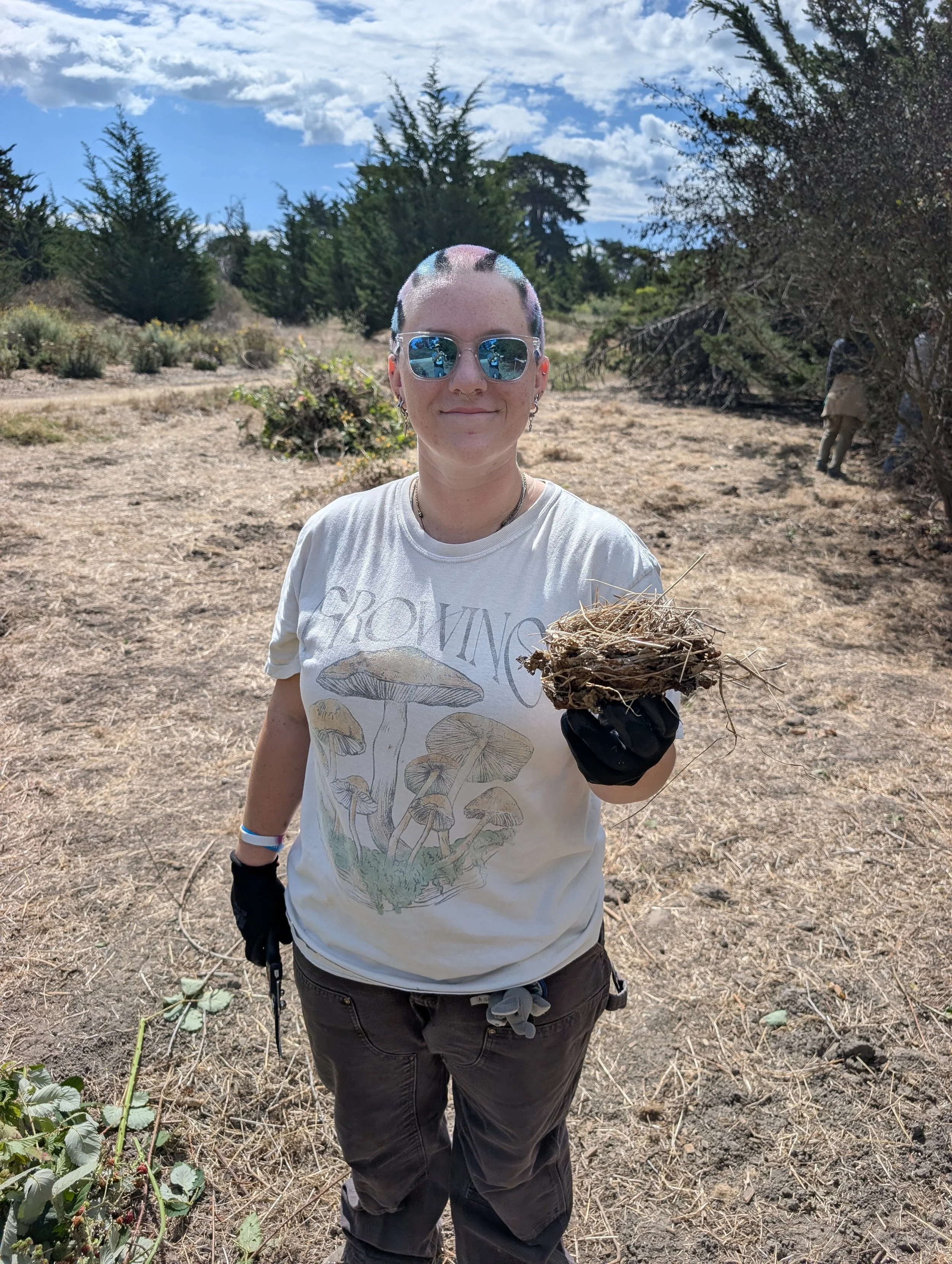 A person with short blue hair, wearing sunglasses, a black mesh top, blue jeans, and sneakers, standing on a sidewalk next to a garden with fallen leaves.
