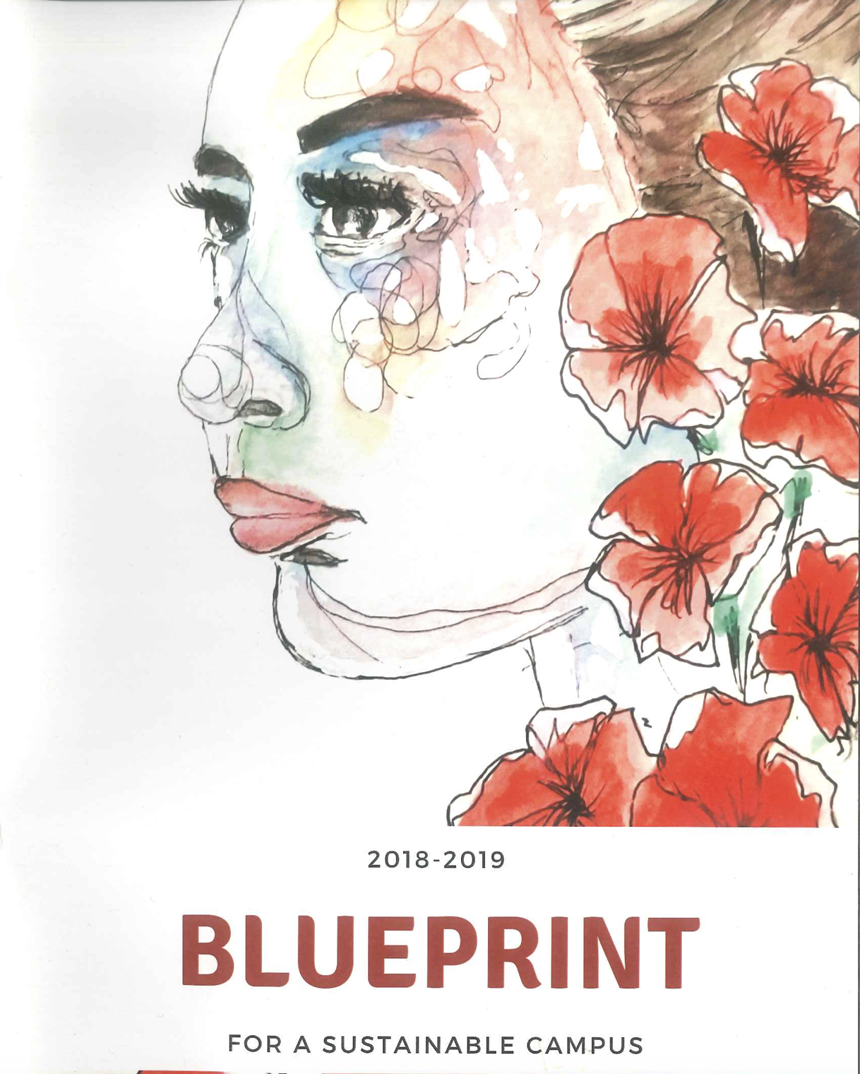 Watercolor illustration of a woman's profile with flowers and dripping paint, and the text "2018-2019 BLUEPRINT FOR A SUSTAINABLE CAMPUS" at the bottom.
