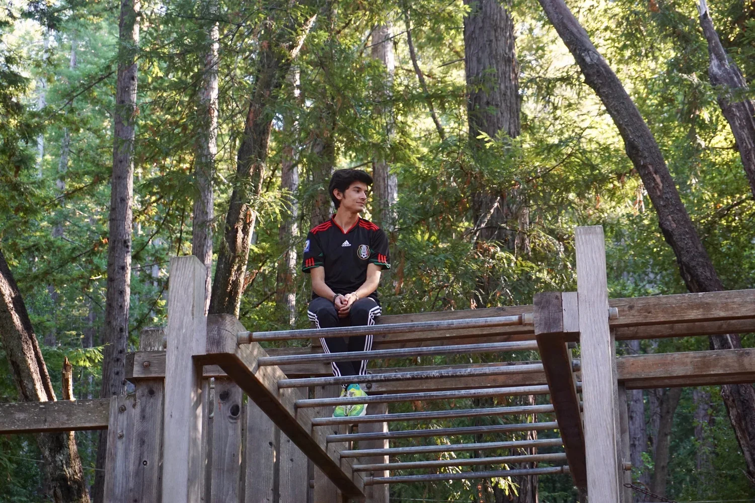 A young man seated on a wooden railing platform in a forest with tall trees and green foliage, wearing a black athletic shirt with red and white accents.