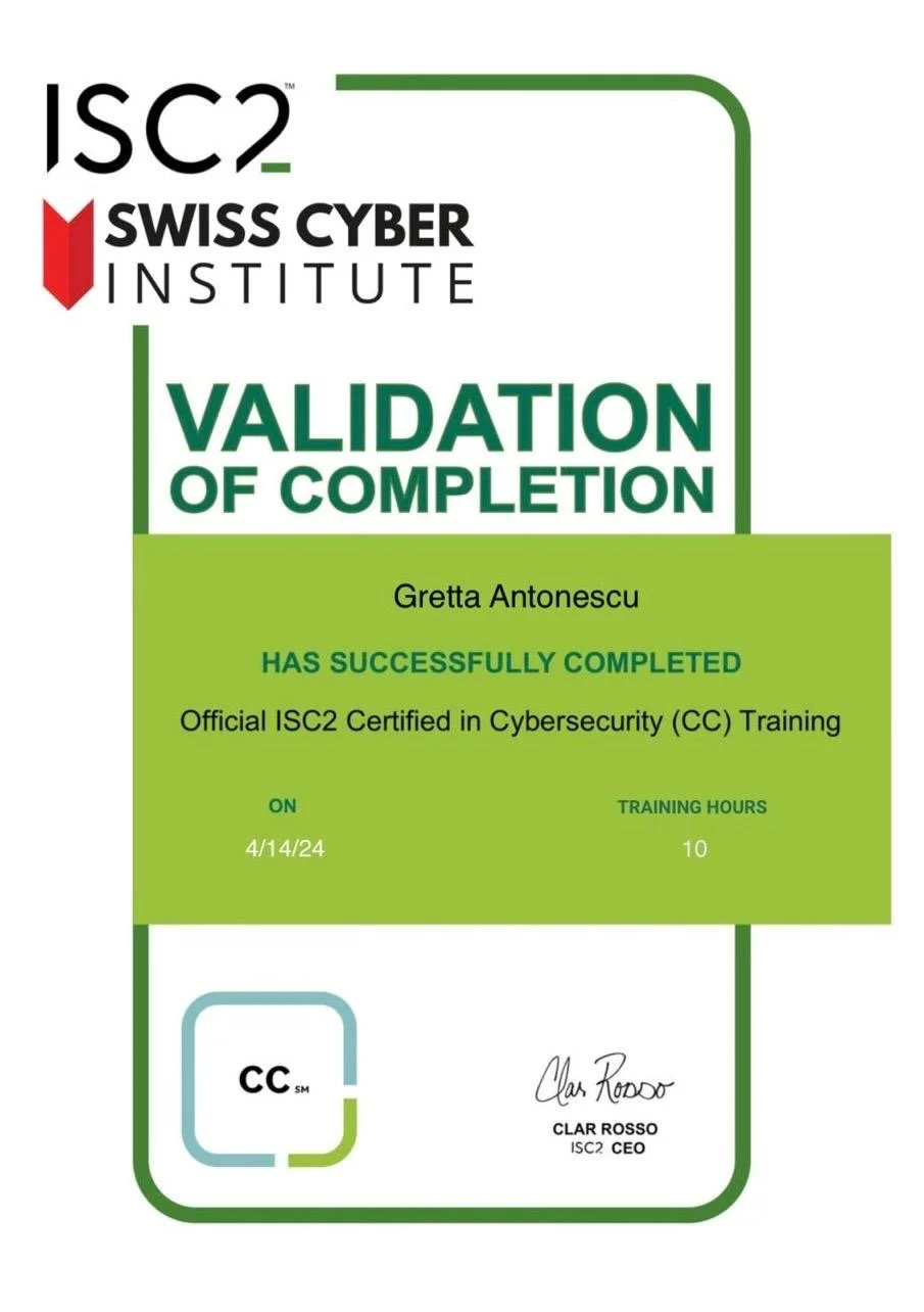 Certificate of completion for ISC2 Certified in Cybersecurity training from the Swiss Cyber Institute, dated April 14, 2024.