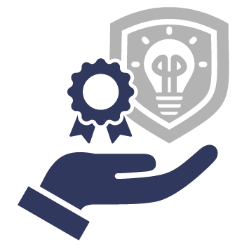 A hand holding a shield with a lightbulb icon and a gear with a ribbon, symbolizing protection, innovation, and quality.