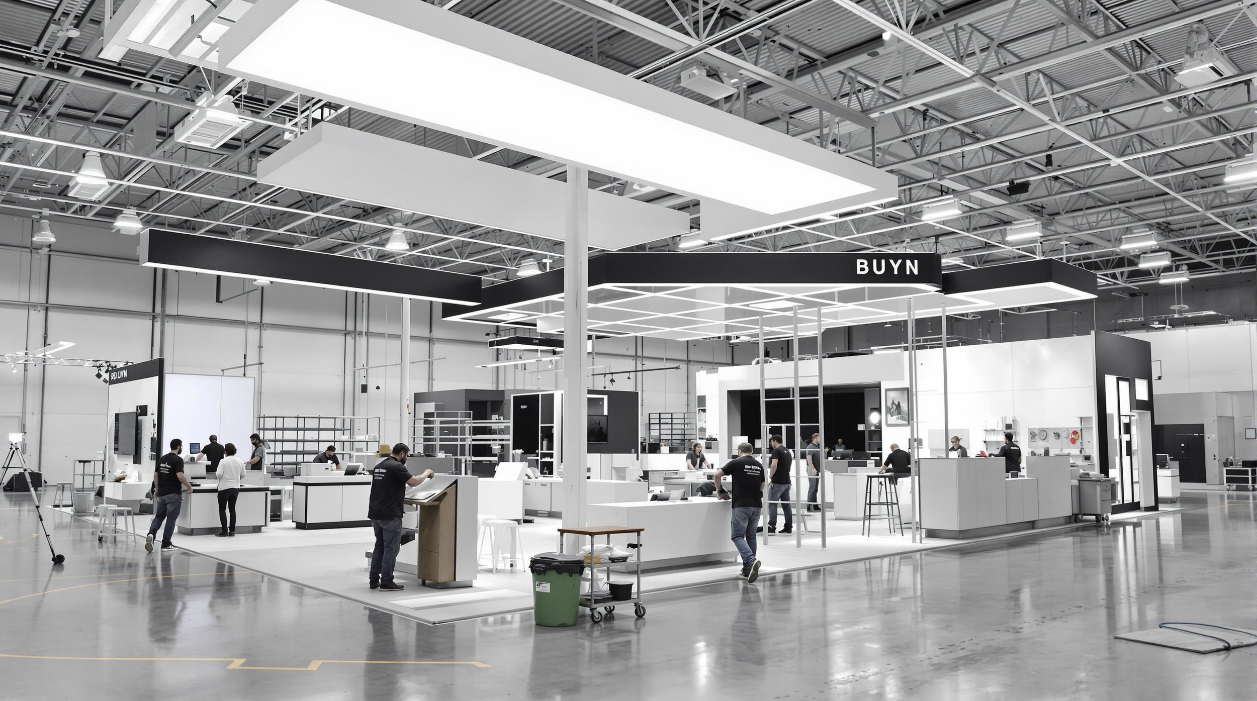 An indoor exhibition or trade show booth with a modern, minimalist design, featuring the booth name 'BUYN' and several people setting up or working at counters and tables.