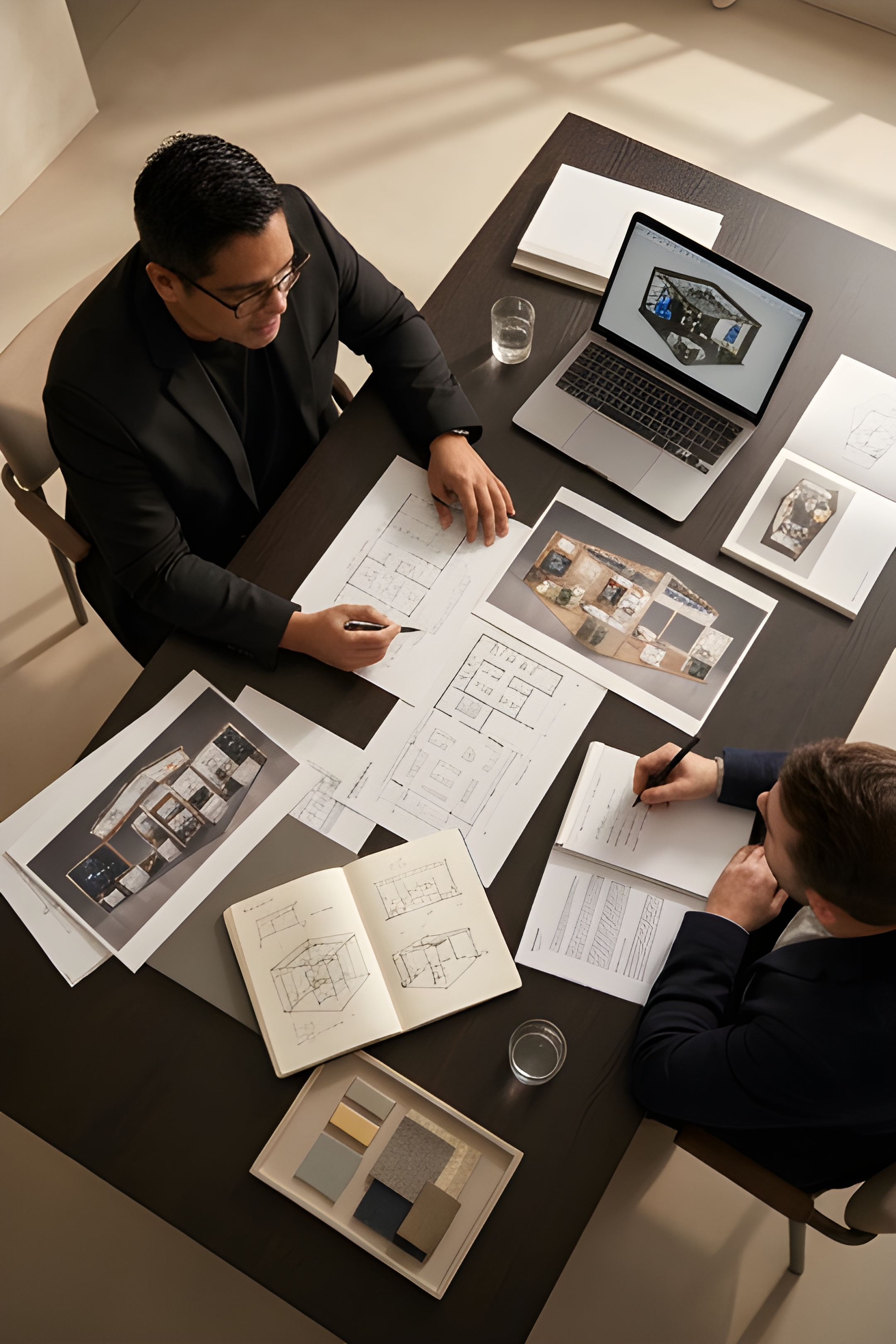 Exhibition design planning session with designers reviewing booth layouts, floor plans, and activation concepts for experiential marketing project