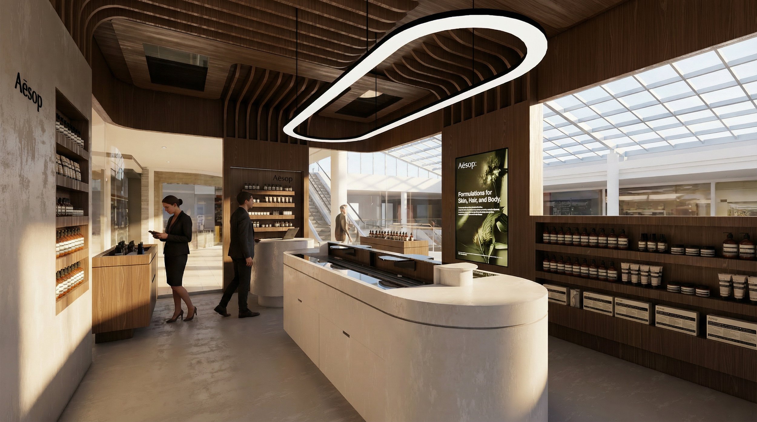 Aesop retail concept visualisation showing a curved timber ceiling, suspended sculptural lighting and a rounded product-testing counter.