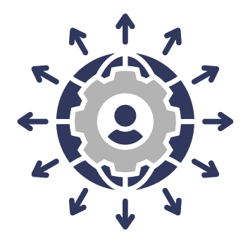 Graphic of a gear with a person icon inside, surrounded by arrows pointing outward, representing global or network connectivity.