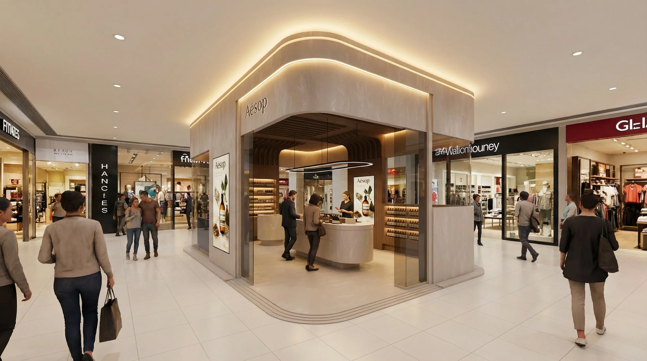 Aesop retail concept visualisation by MDS, showing an open corner entrance, curved illuminated canopy, product shelving and central testing counter.
