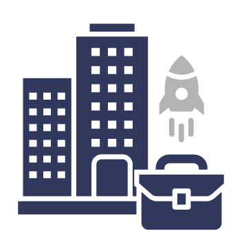 Illustration of a business building with a rocket and briefcase.
