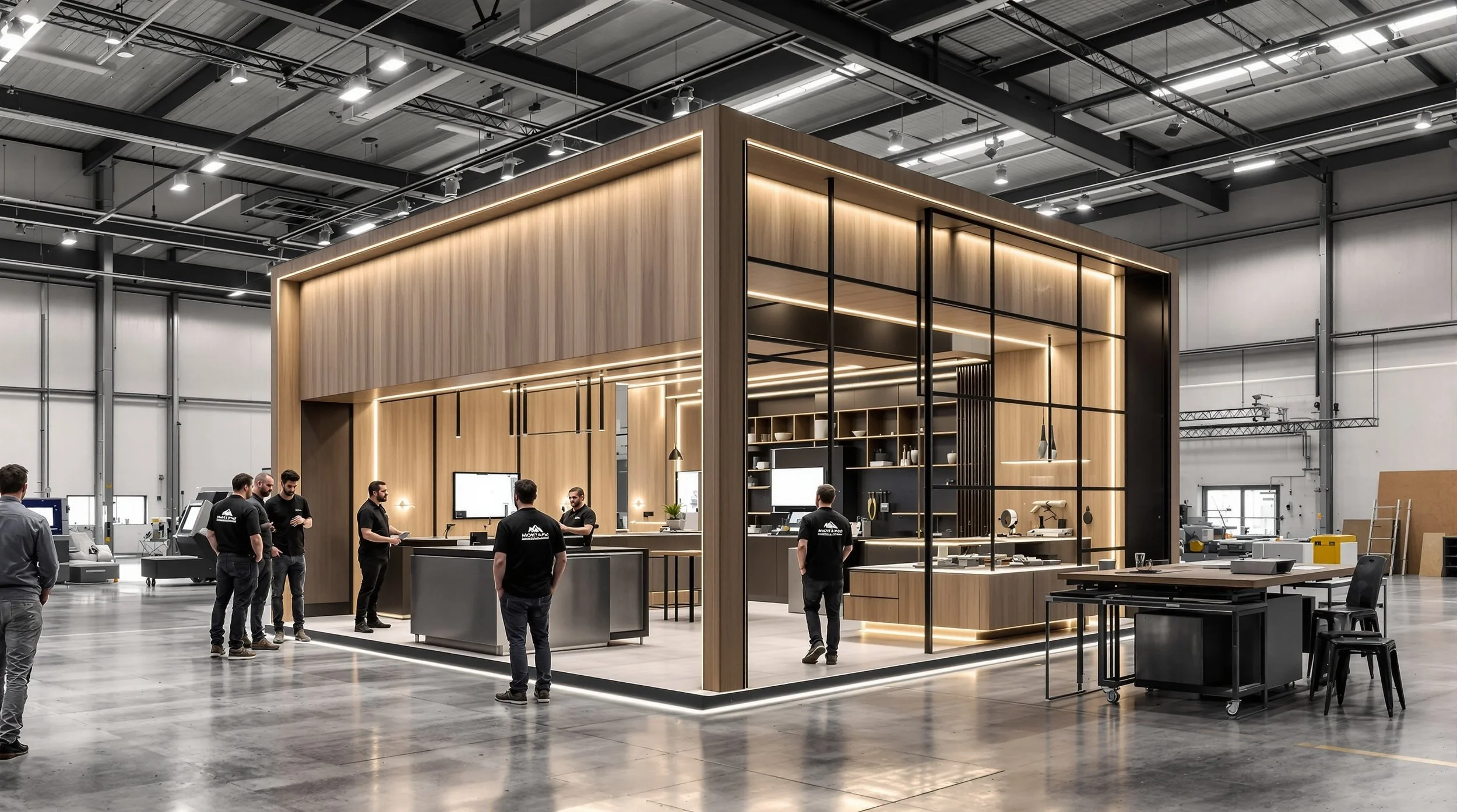 A modern kitchen display booth with wood and black accents in an industrial space, with several people inspecting and discussing.