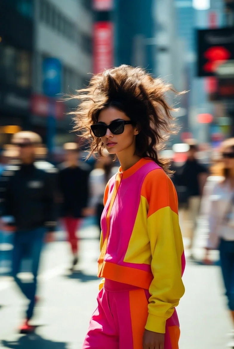 Junge Frau mit großen schwarzen Sonnenbrillen und welligem braunem Haar, trägt ein buntes Sportoutfit in Pink, Orange, Rot und Gelb, während sie auf einer belebten Stadtstraße geht.