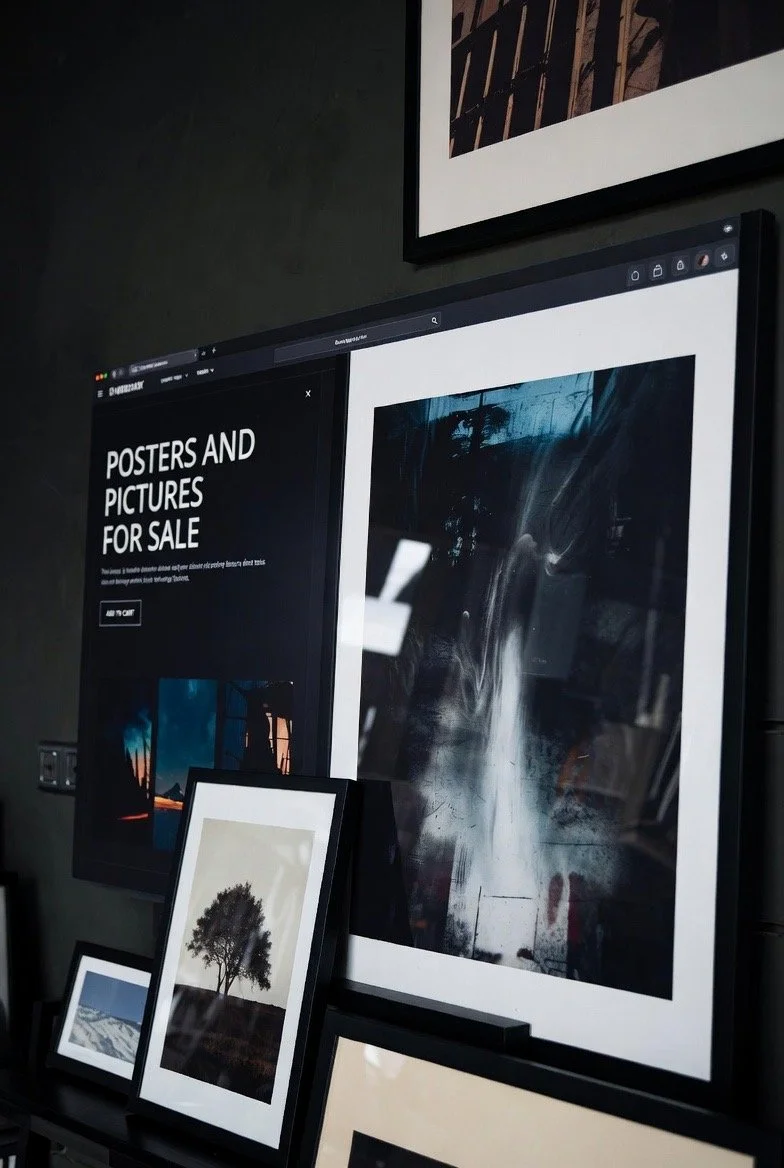 Ein Display mit einem schwarzen Bildschirm, auf dem steht "Posters and Pictures for Sale". Daneben hängen und stehen verschiedene gerahmte Fotodrucke, darunter ein Bild eines Baums, eine Wüstenlandschaft und eine abstrakte Kunstwerk.