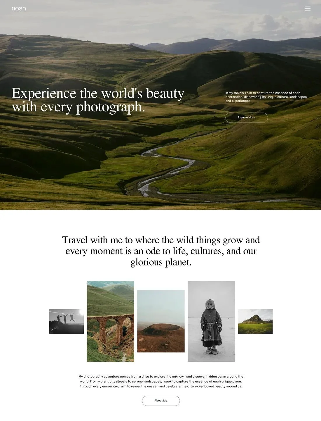 Webseiten-Layout mit einer Landschaftsfotografie, einem Text über das Reisen und Fotografieren, mehreren kleineren Fotos und einem Button 'About Me'.
