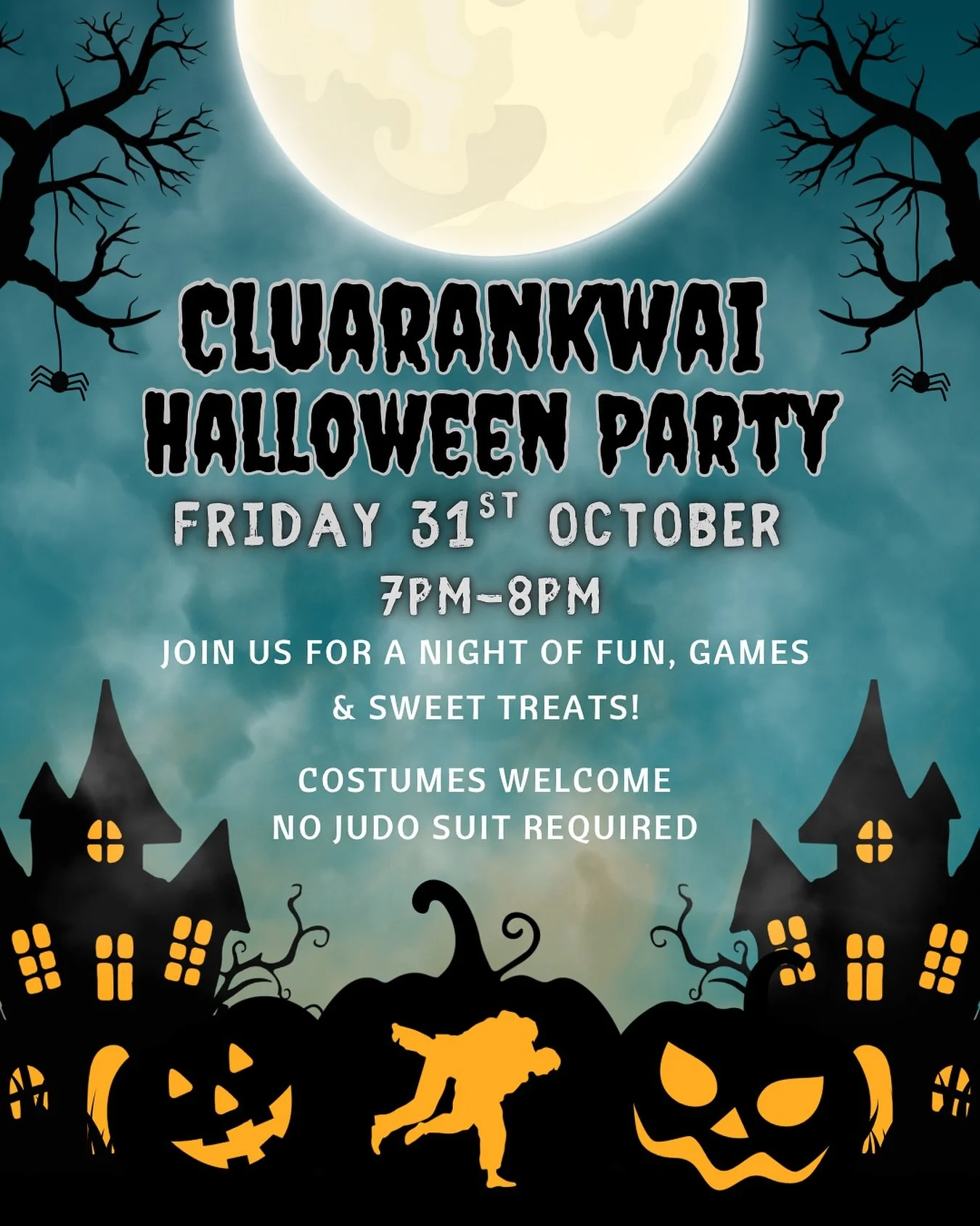 All junior members are invited to join us on Friday the 31st of October for our Halloween Party!
Replacing our normal junior class from 7pm-8pm will be an hour of fun, games and sweet treats.
Costumes are welcome no need to wear your Judo suit there 