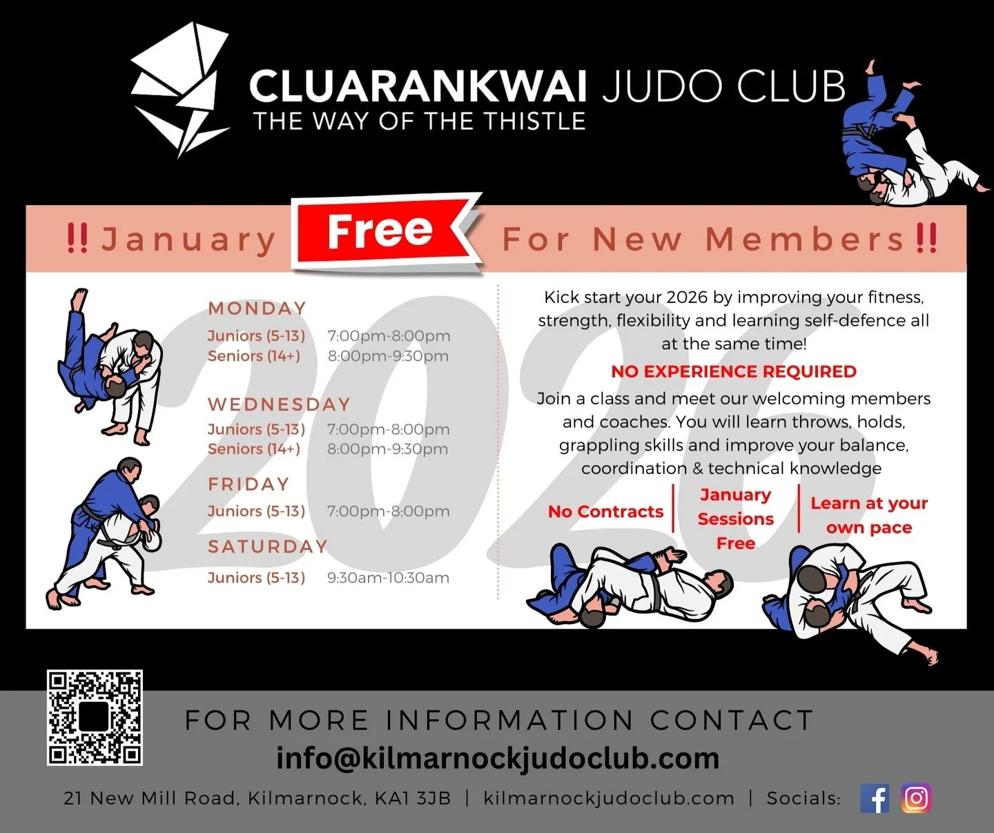 Looking to take up a new sport in 2026? 
Why not give Judo a go! We have beginner friendly classes for both Junior and Senior players, improve your fitness, strength, flexibility and learn self defence all at the same time!

Join a class and meet our