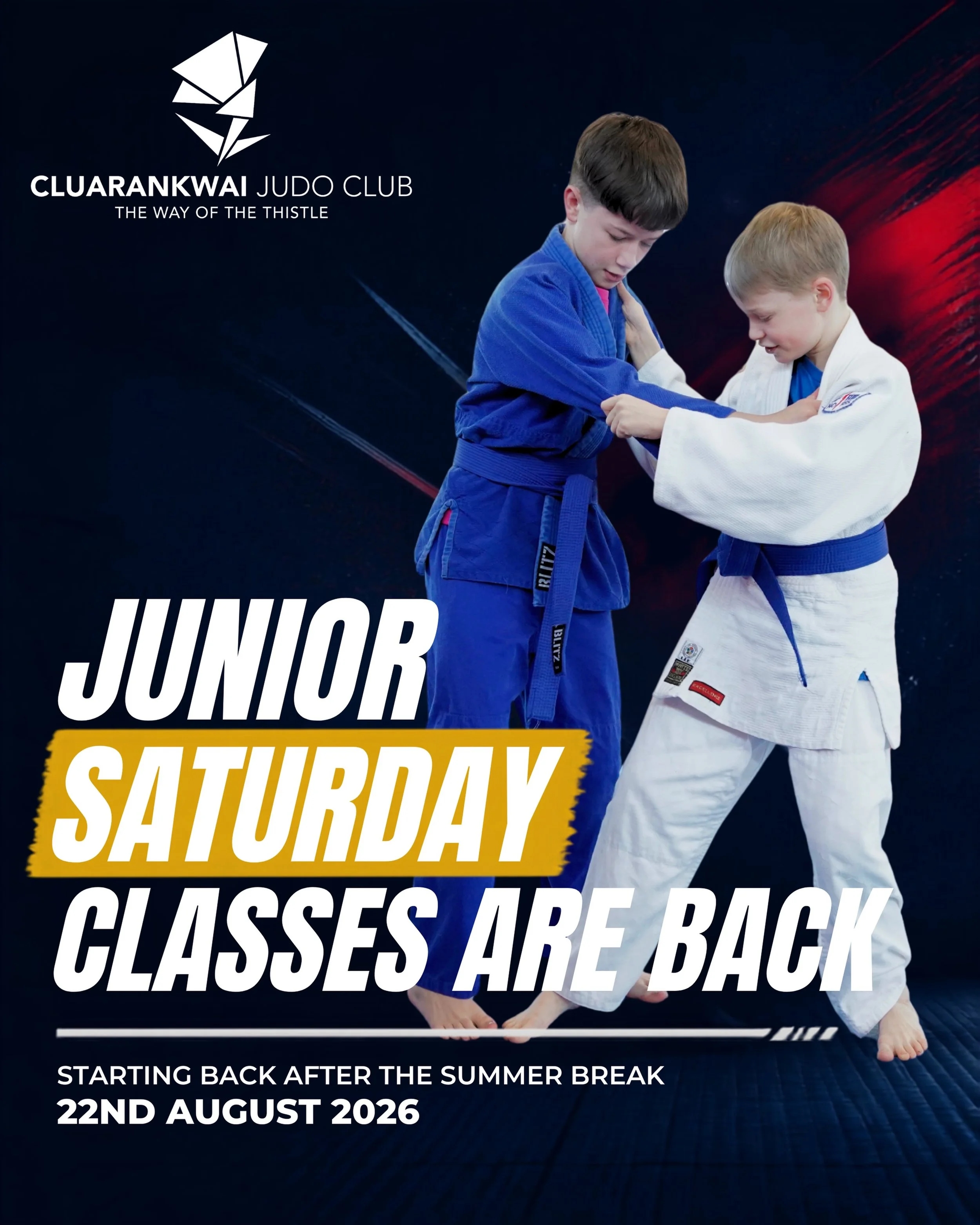 Our Saturday classes will resume this week as schools return after the summer break. This means we will be back to our usual schedule of four junior sessions per week and two senior sessions.

Juniors (5-13 Years)
Monday, Wednesday &amp; Friday: 7pm 