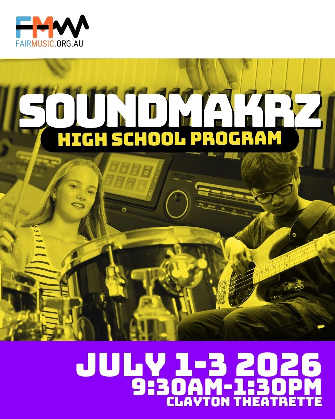 A promotional poster for a high school music program called SOUNDMAKRZ, featuring a girl playing drums and a boy playing bass guitar, with details about the event's date, time, and location.
