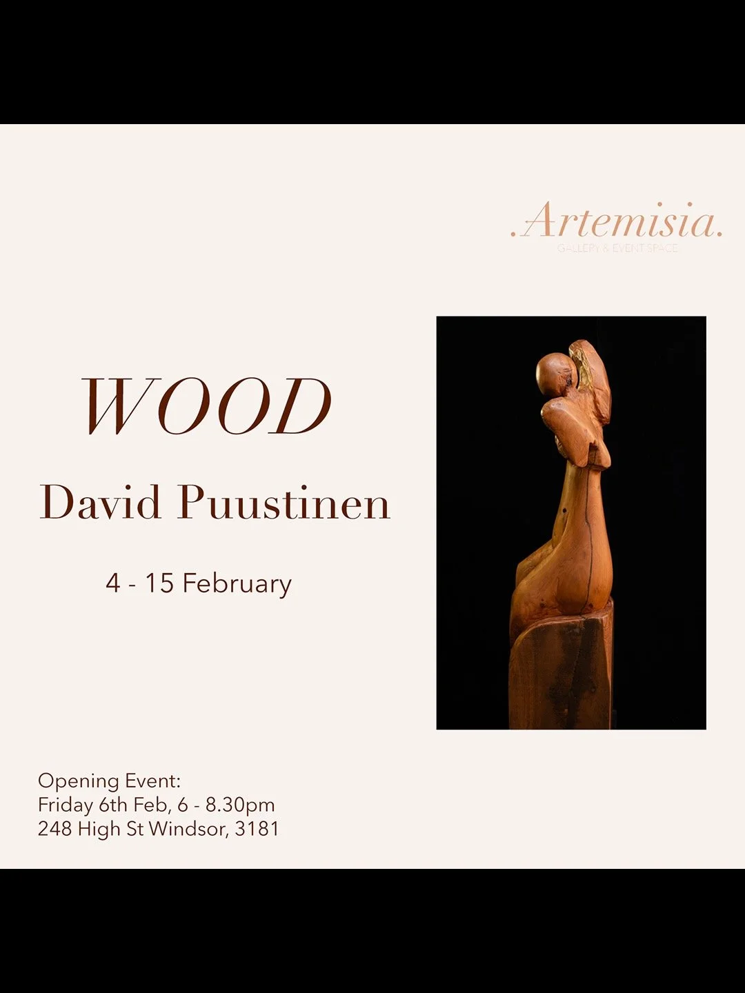 Exhibition of sculptures by David Puustinen at Artemisia Gallery in Feb 2026, Melbourne