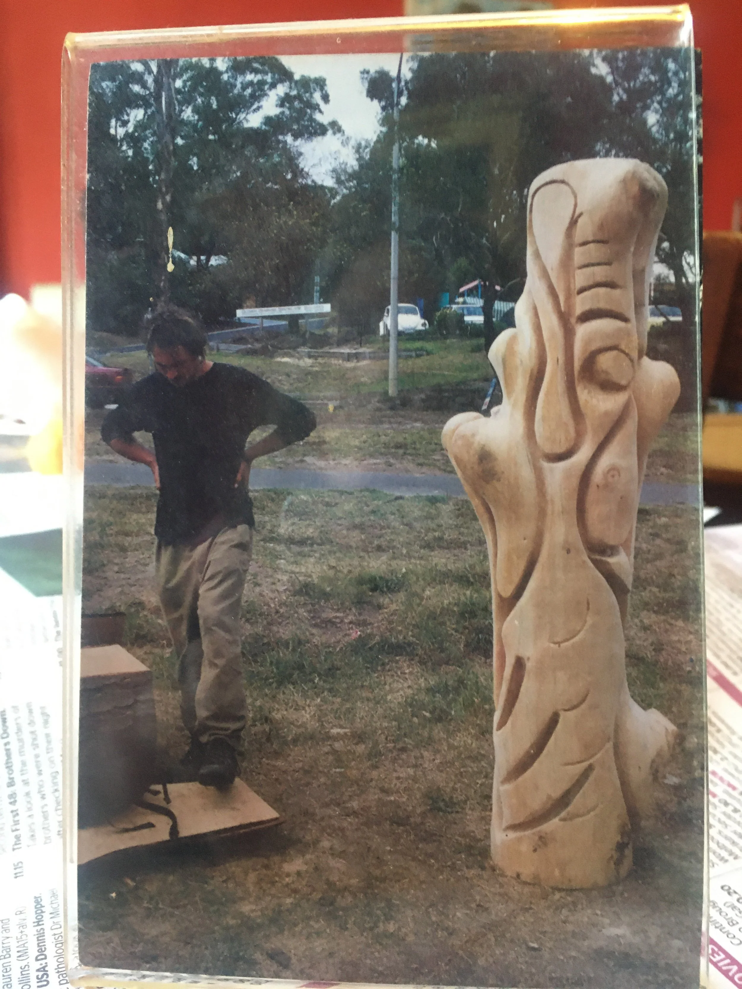 David Puustinen as a young sculptor beside his first significant work called ‘The Beach