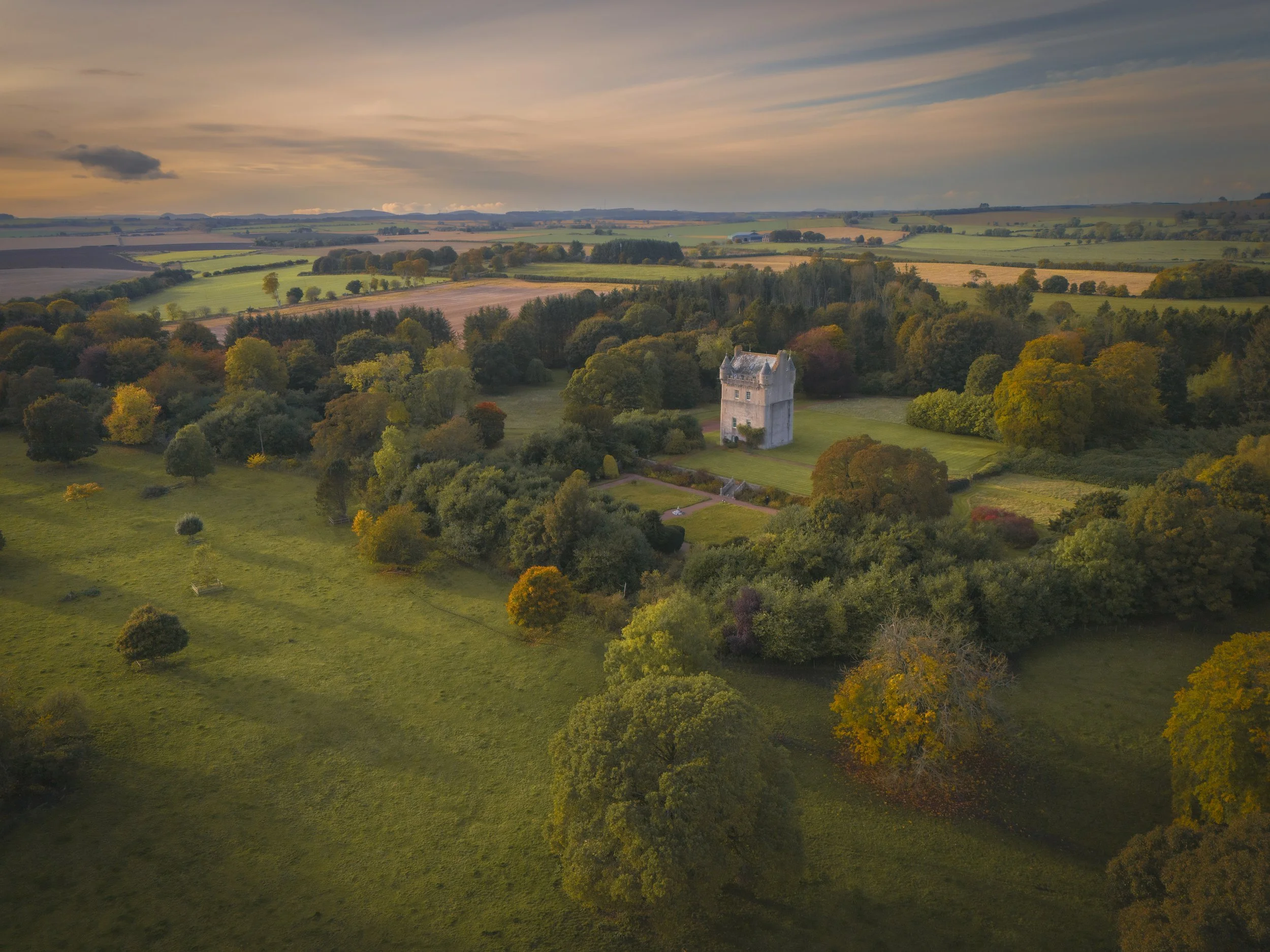 Evening sun Udny Castle - Drone