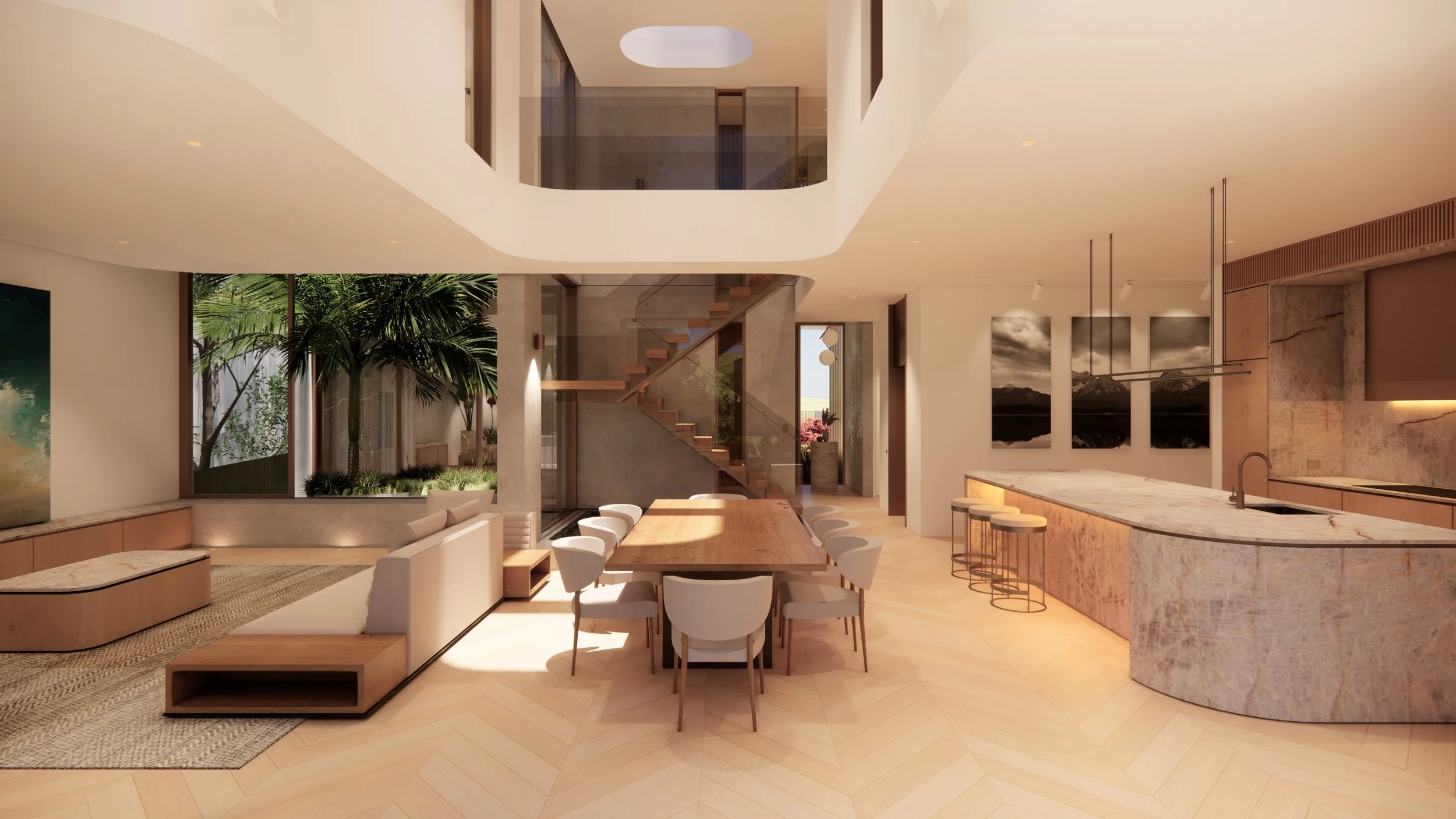 Modern open-concept living room and kitchen with dining area, large window, indoor plants, and staircase.