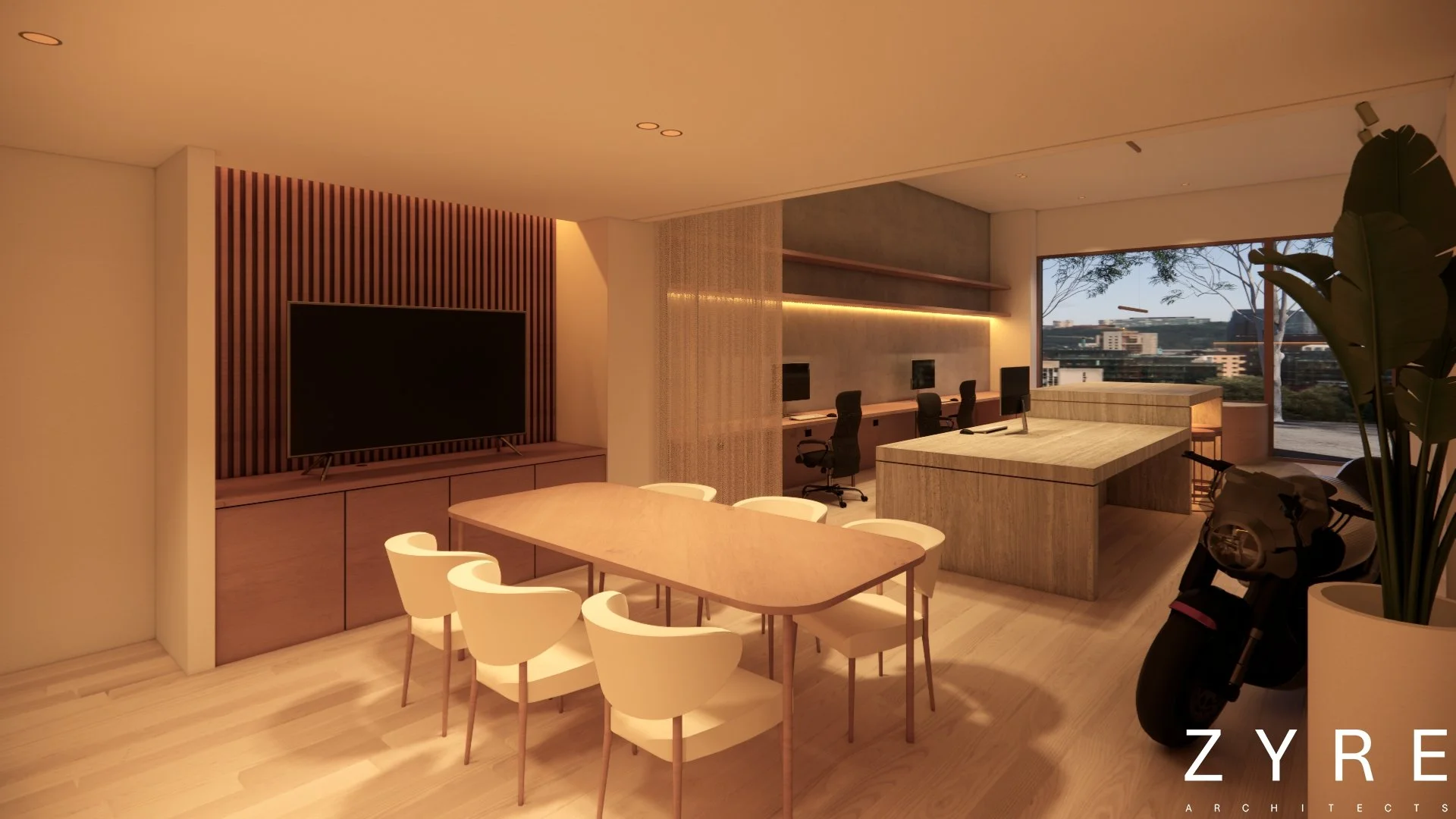 Modern, open-plan architects office space with a large wooden dining table surrounded by chairs, a large wall-mounted TV, a work desk, engineered timber flooring,a large double glazed window showing a city view, and parking near a potted plant.