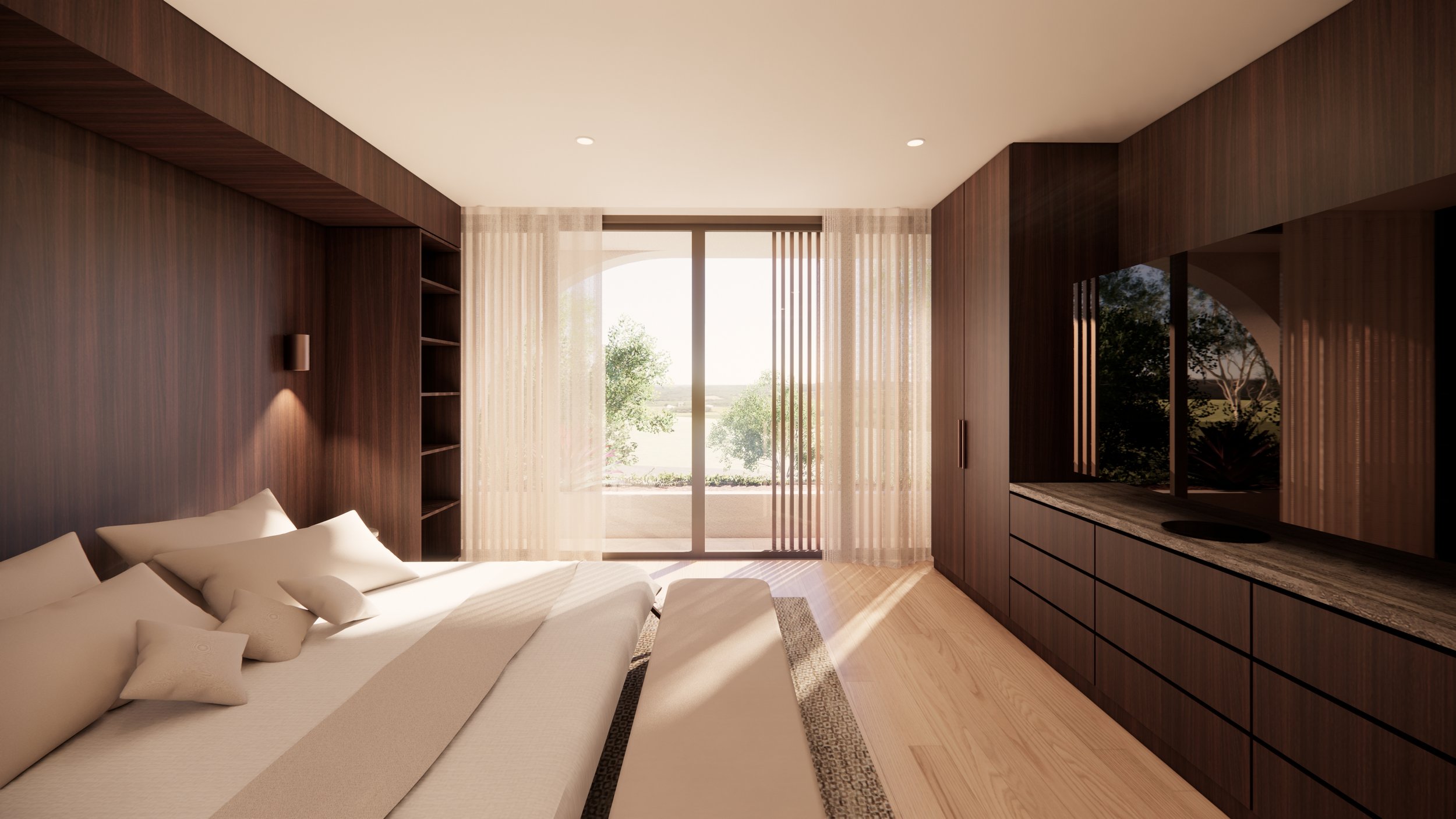 Modern bedroom with a large window, white curtains, a bed with beige and white pillows, and wooden cabinetry and shelving.