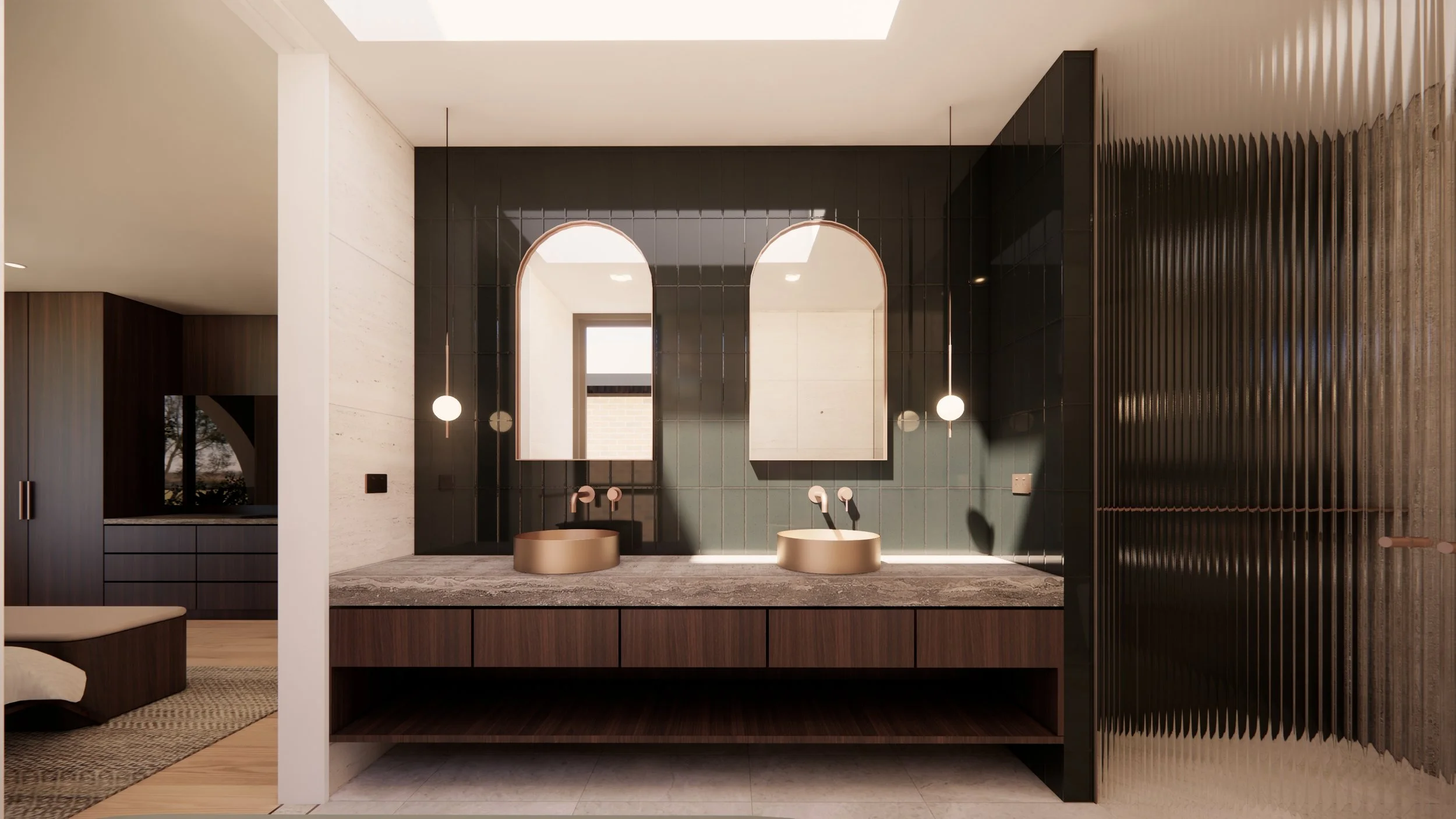 Modern bathroom with two beige vessel sinks, two large arched mirrors, black tiled wall, and pendant lights.