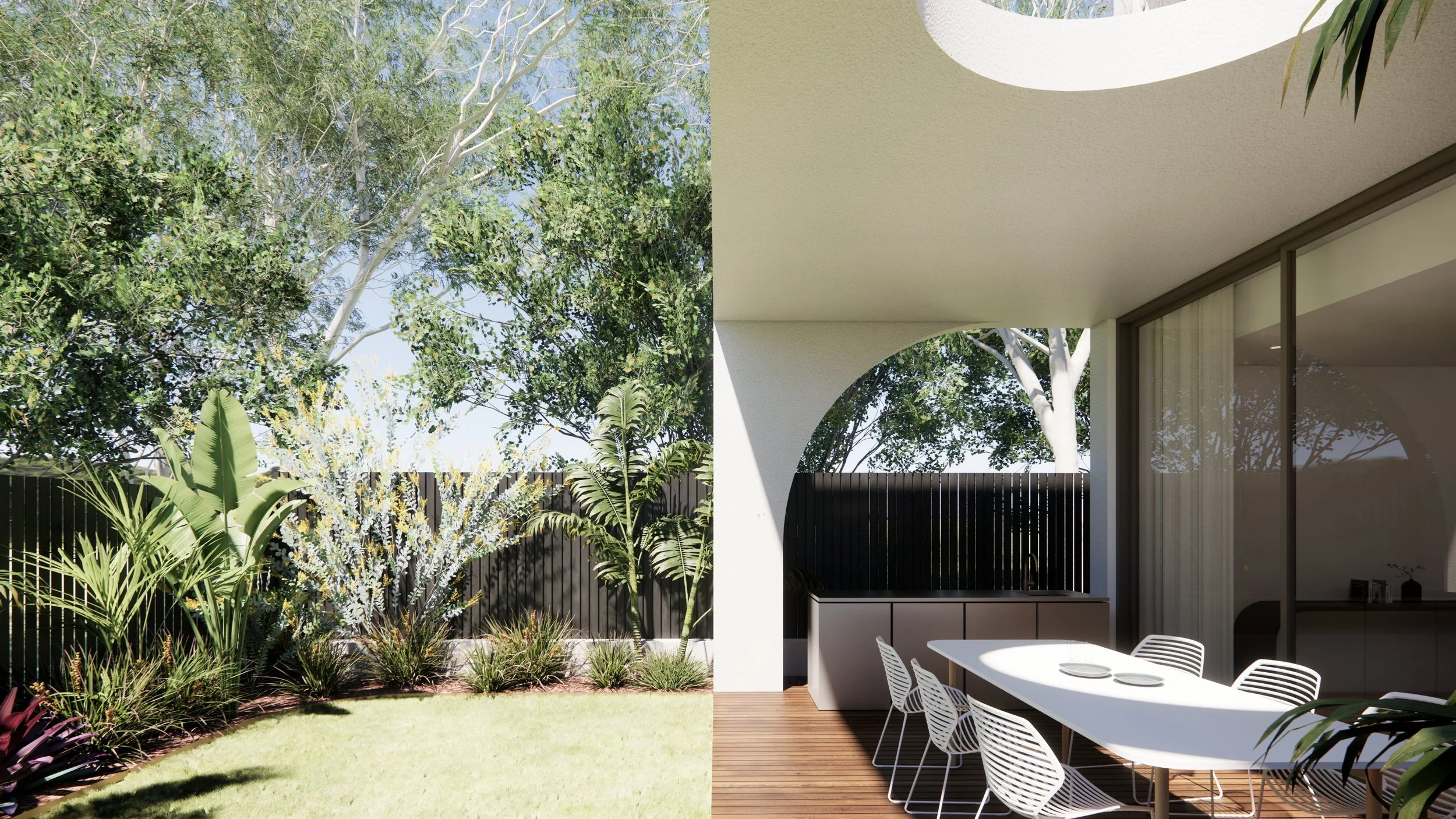 A modern house with an outdoor patio area featuring a white dining table and chairs, surrounded by lush green plants and trees, with a black wooden fence in the background.