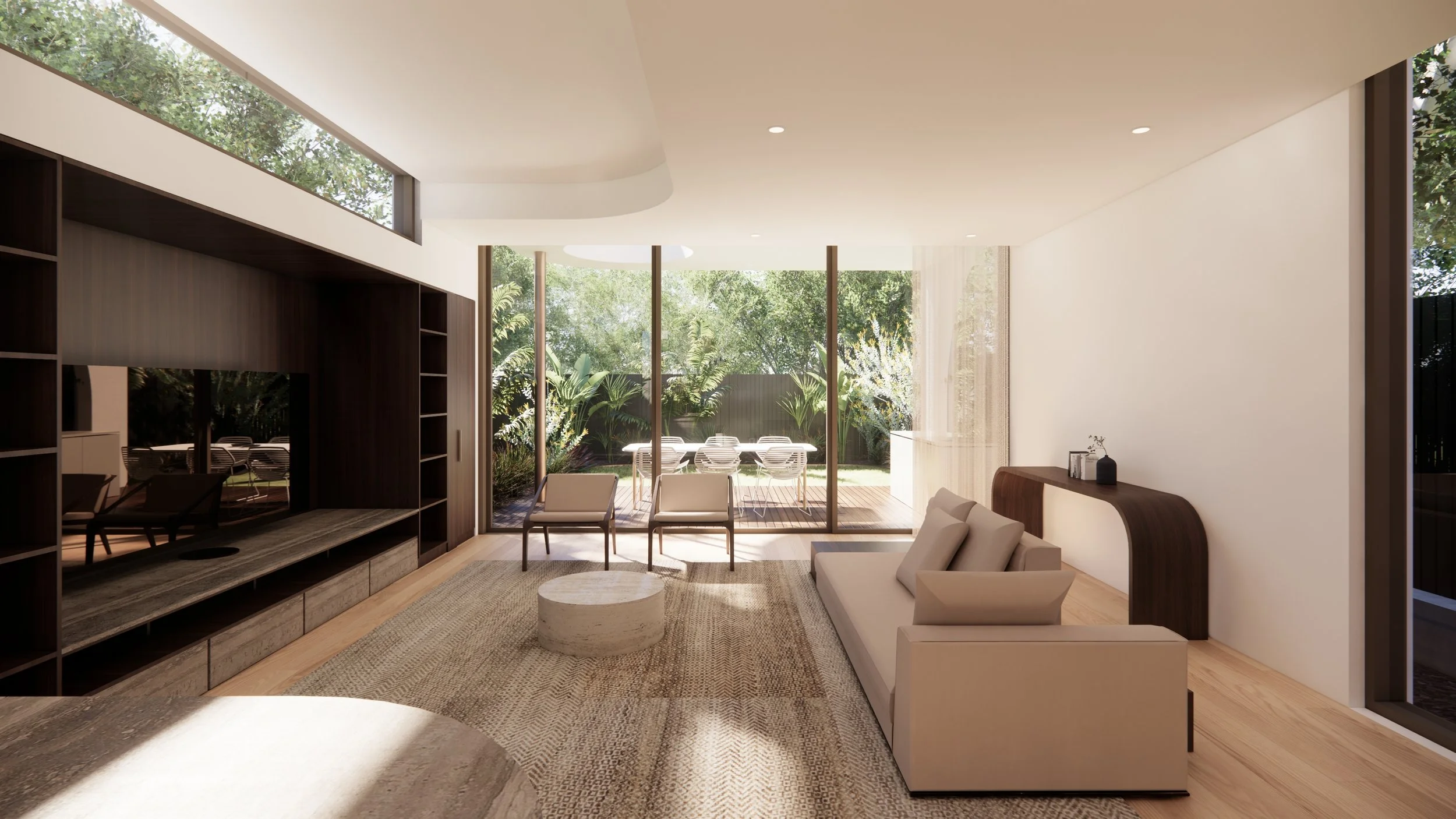 Modern living room with large glass sliding doors opening to a backyard patio with outdoor chairs, surrounded by lush greenery.