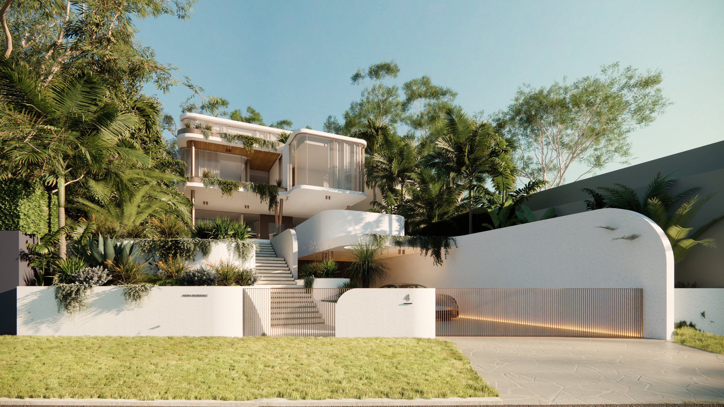 Modern multi-story house with white exterior and large glass windows, surrounded by lush greenery and trees, with stairs leading up to the entrance and a front gate.