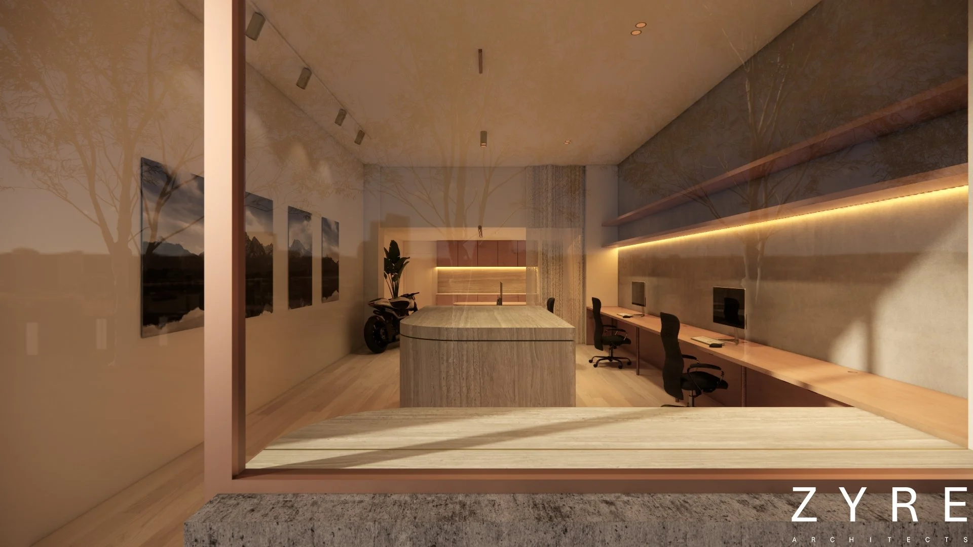 Modern office interior with long wooden desks, computer monitors, black chairs, a large central table, a motorcycle in the corner, and artworks on the wall; warm lighting and wooden accents.