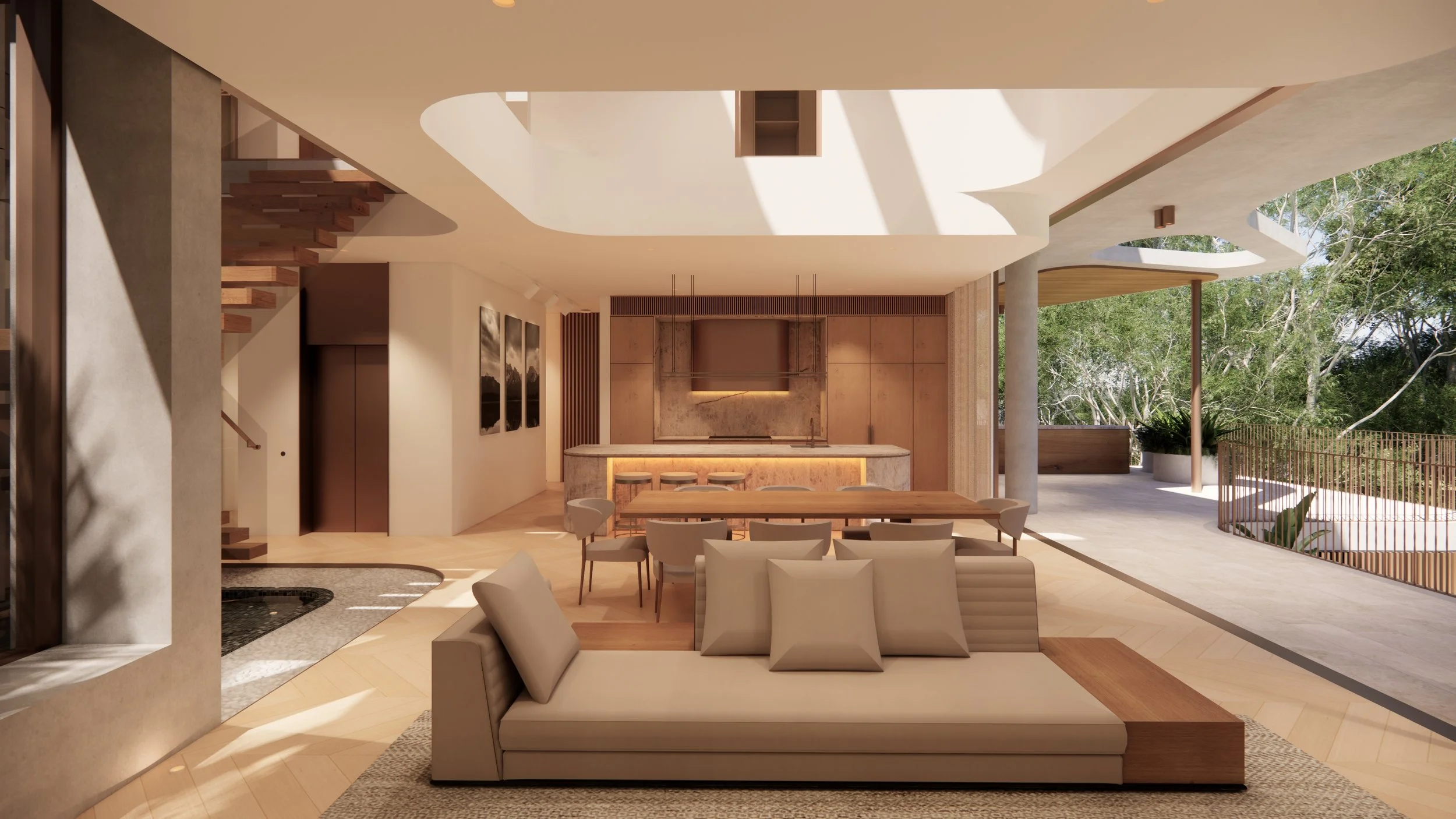 Modern open-plan living and dining area with a kitchen, beige and wood accents, and large windows showing trees outside.