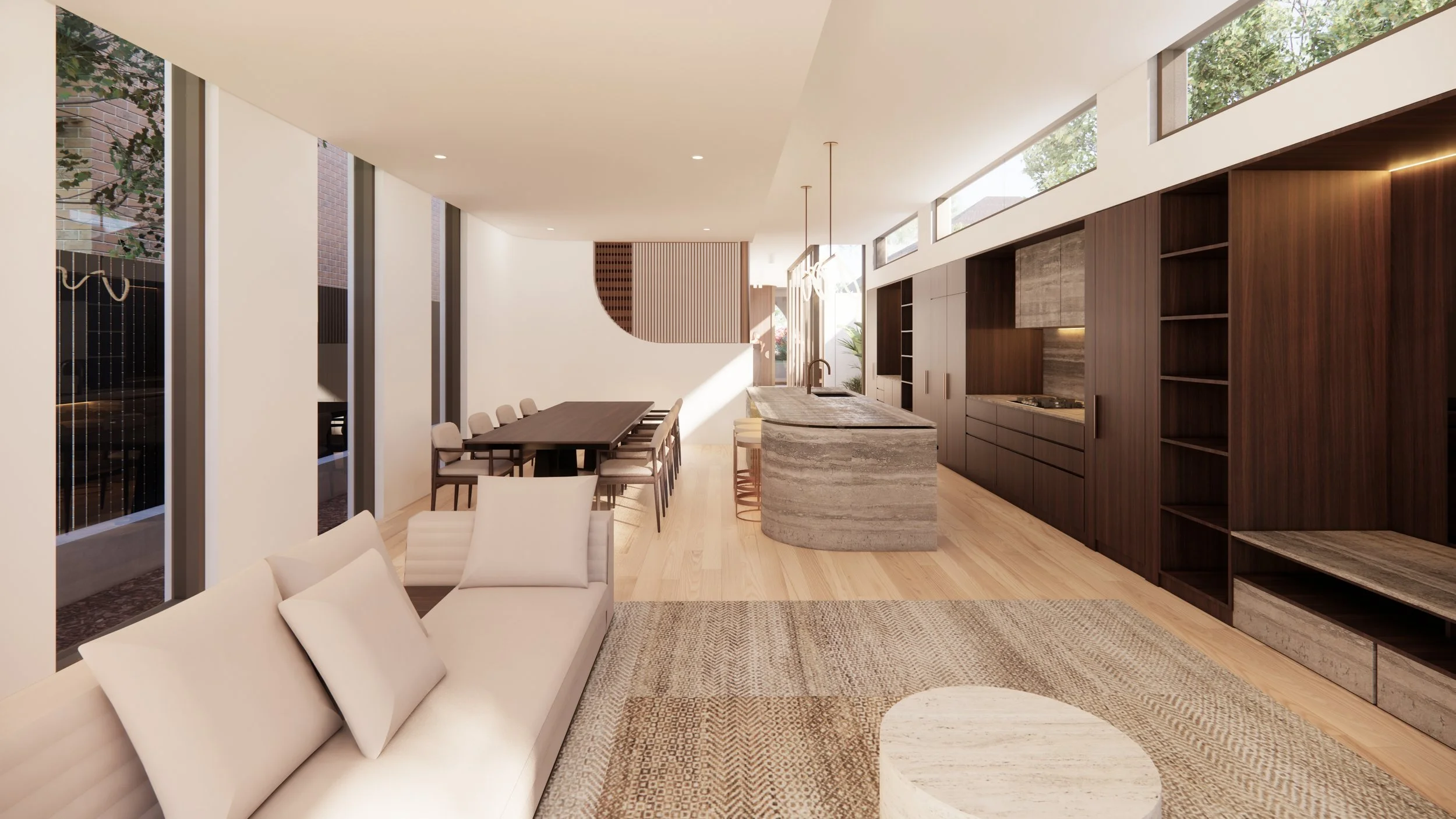 Modern open-concept kitchen and dining area with large windows, wooden cabinetry, granite island, and minimalist decor.