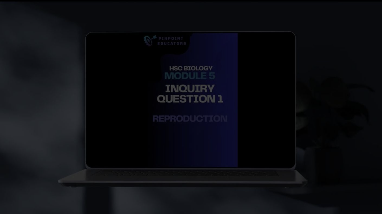 Laptop screen displaying an educational slide titled 'HSC Biology Module 5 Inquiry Question 1 Reproduction' from Pinpoint Educators.