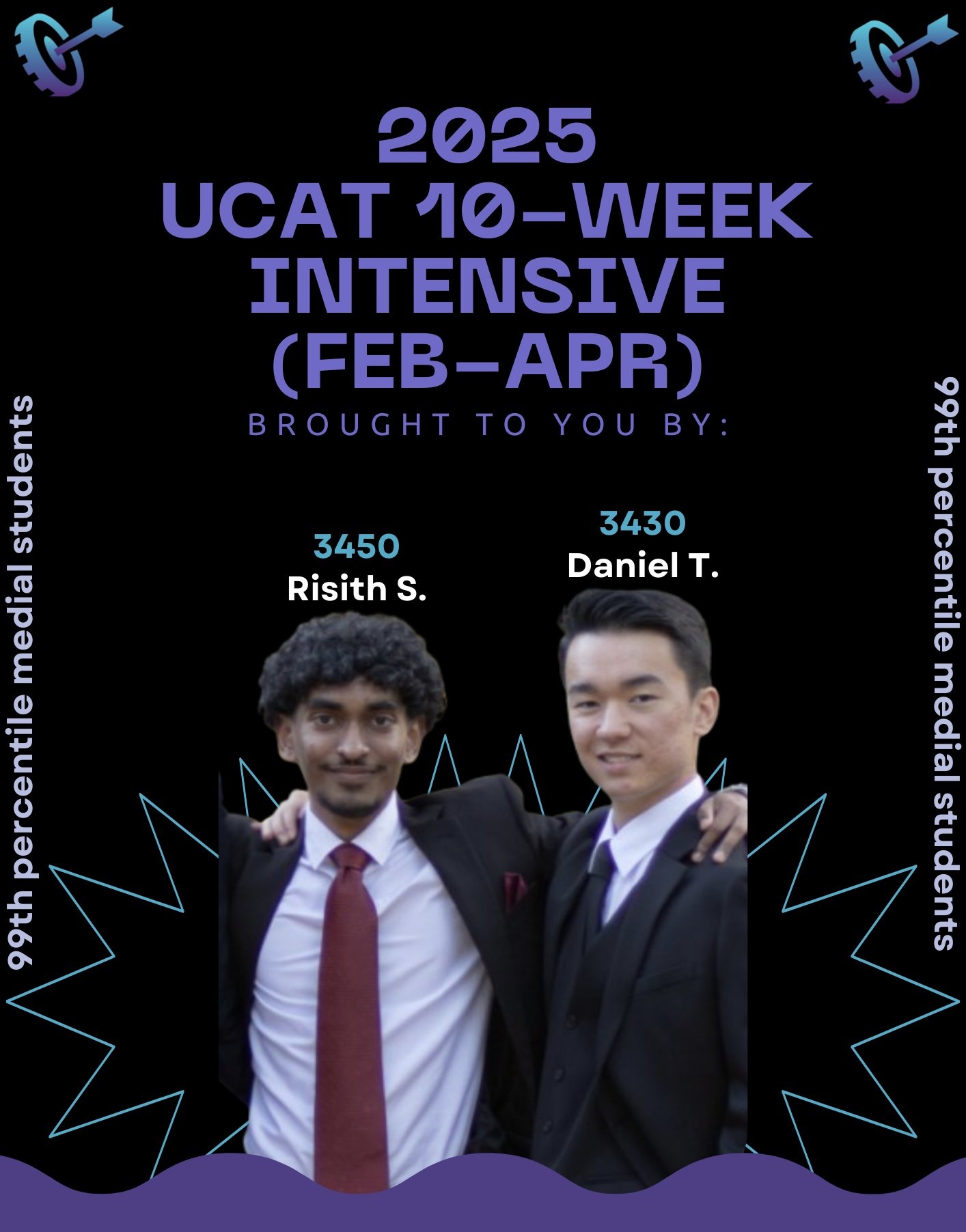 Poster for UCAT 10-week intensive program from February to April 2025, featuring two students, Risith S. and Daniel T., with scores 3450 and 3430, respectively, and medical student icons on a dark background.