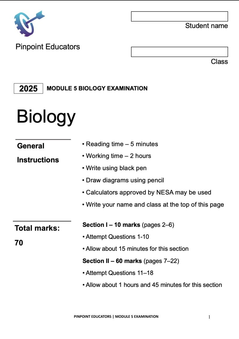 Student exam cover page for Module 5 Biology Examination, with instructions, total marks 70, sections for questions, and a logo with a gear and arrow.