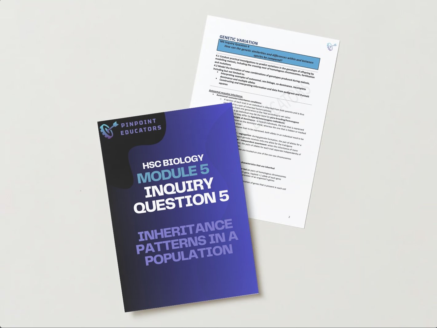 A biology study booklet titled 'HSC Biology Module 5 Inquiry Question 5: Inheritance Patterns in a Population' and a printed worksheet with text about genetic variation.