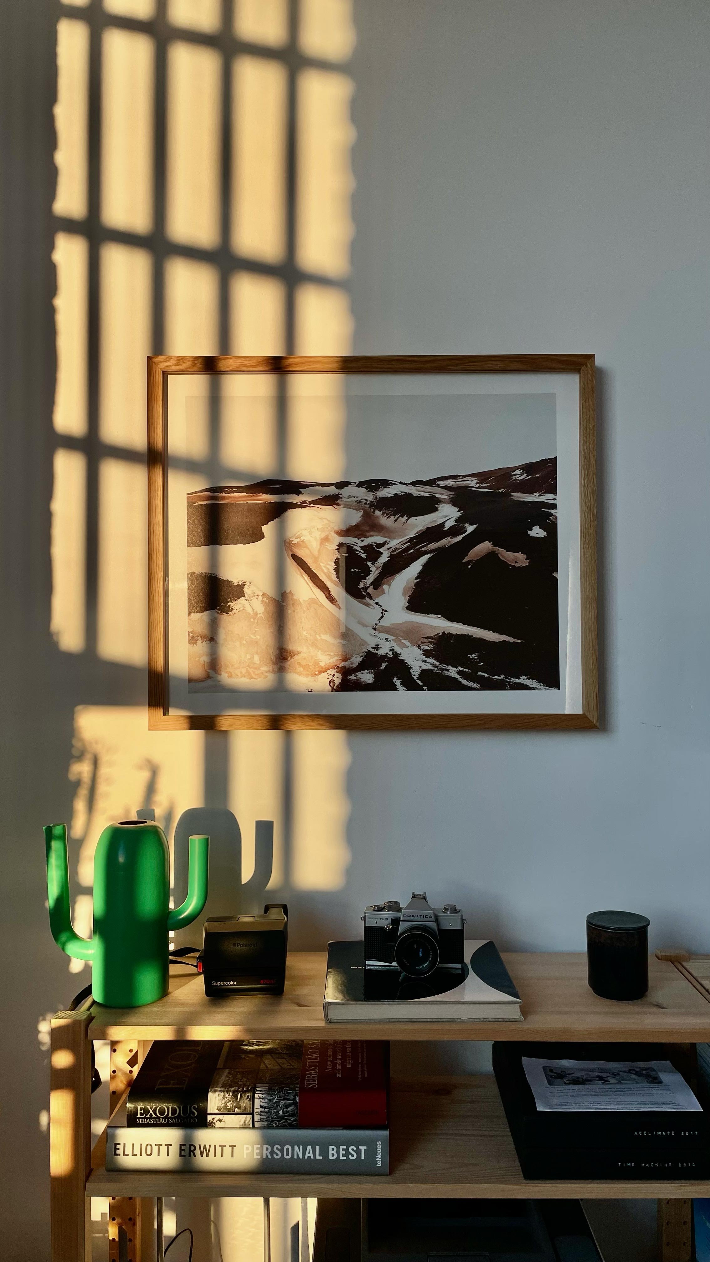 A framed landscape photograph of mountains with snow on top and a narrow valley, sunlight casting shadows, on a white wall. Below, a wooden shelf holds a green cactus-shaped lamp, a vintage camera, a pile of books, and a black container, with sunligh