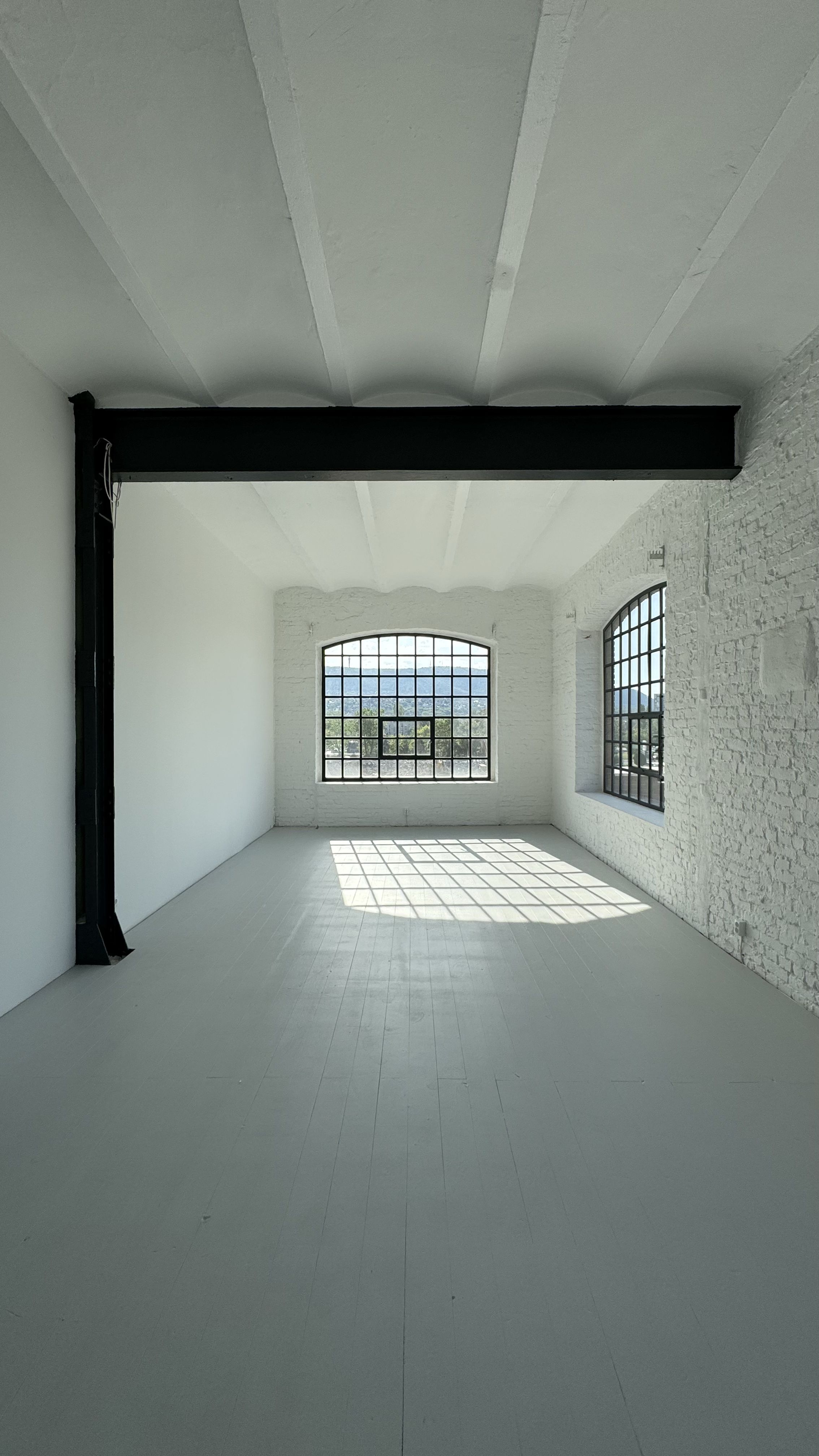 Empty room with white walls, large industrial-style windows, and natural light casting shadows on the floor.