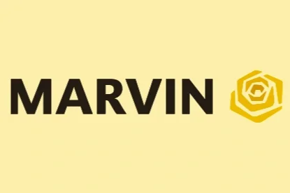 Marvin company logo with black text and a yellow geometric rose design on a light yellow background.
