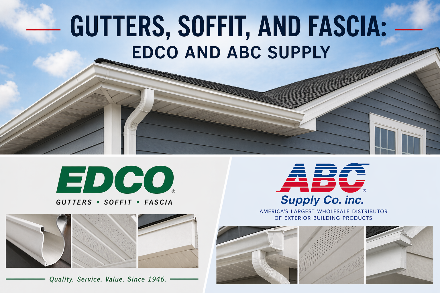 Image of a house with a blue exterior, white gutters, soffit, and fascia, and a partly cloudy sky above, with a promotional overlay for EDCO and ABC Supply Co. Inc. showing images of exterior building products.